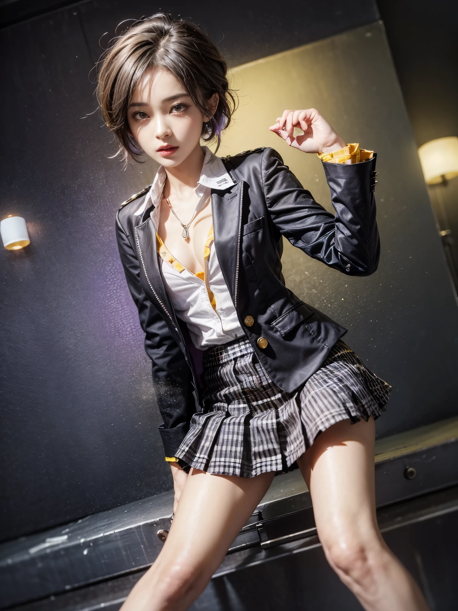 (front focus、perfect anatomy:1.5)、(Super detailed、16K quality、real skin: 1.6)、hyper realist、realistic.cinematic lighting、highly detailed face、1 beautiful thai girl、 (Beautiful half Thai/japanese girl、smile:1.3)simple necklace(brown hair、big slit eyes、eye shadow、eyeliner、green color contact lenses:1.5)flashy gal makeup(unbalanced chest:1.4)(黒くsunburnした肌、black skin:1.8)sunburn、eyeliner、red lips.break.
(Stylish and punk rock style black school uniform blazer、yellow and purple gingham check skirt:1.5)BREAK Full Body、Grayscale movie spotlight on background