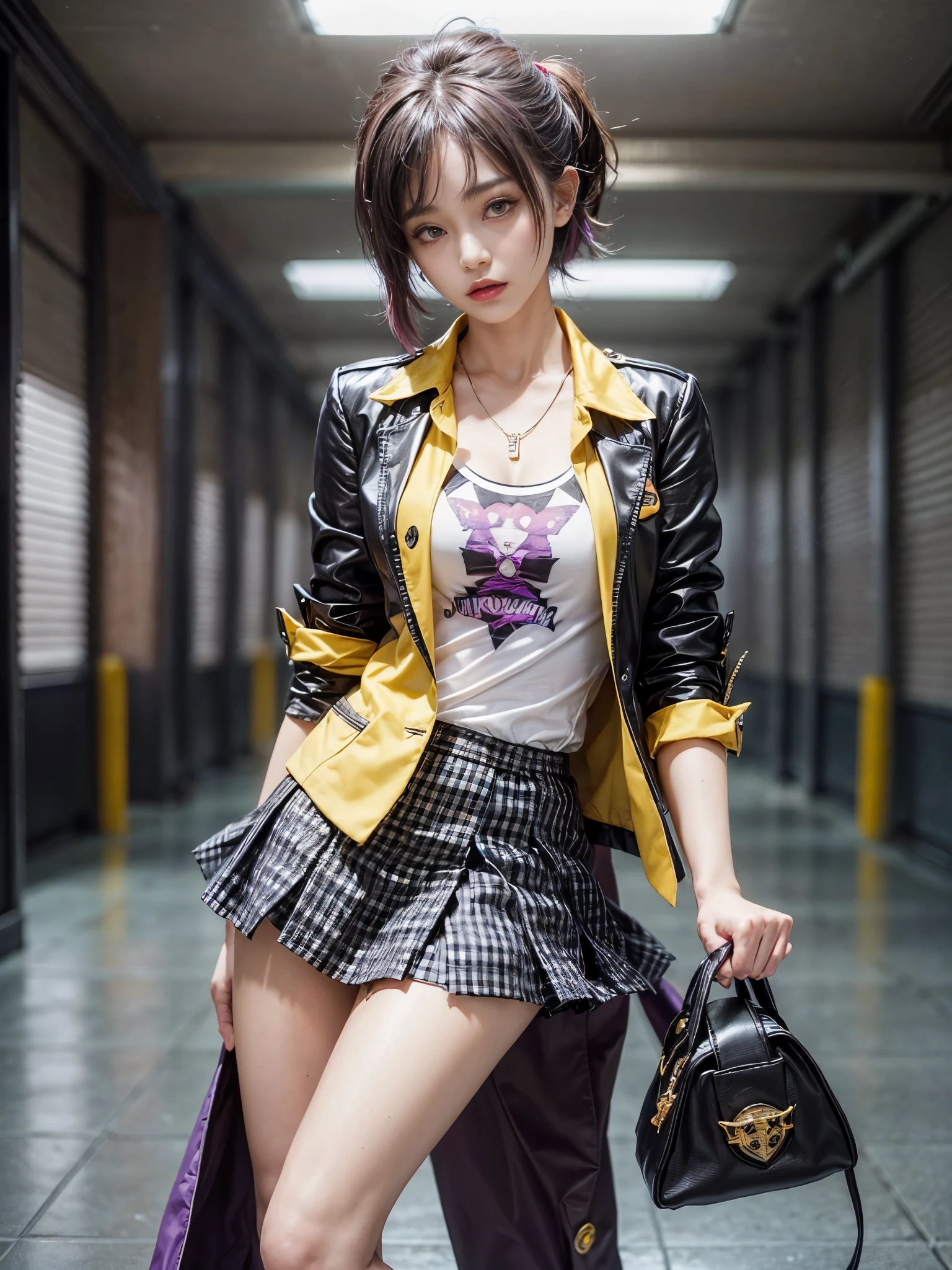 (front focus、perfect anatomy:1.5)、(Super detailed、16K quality、real skin: 1.6)、hyper realist、realistic.cinematic lighting、highly detailed face、1 beautiful thai girl、 (Beautiful 14 year old half Thai/japanese girl、smile:1.3)simple necklace(brown hair、big slit eyes、eye shadow、eyeliner、green color contact lenses:1.5)flashy gal makeup(unbalanced chest:1.4)(黒くsunburnした肌、black skin:1.8)sunburn、eyeliner、red lips.break.
(Stylish and punk rock style black school uniform blazer、yellow and purple gingham check skirt:1.5)BREAK Full Body、Grayscale movie spotlight on background