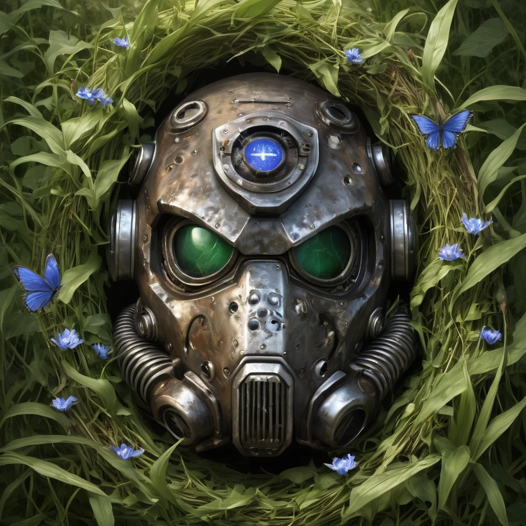 High Resolution, High Quality, Masterpiece. broken Rusty Steel Brotherhood power armor mask from "Fallout", There's a bullet hole in his eye socket, It is covered with earth , broken with a pierced eyecup, The grass has sprouted through ,embedded in tall grass, Almost hidden in the grass, overgrown with bindweed. A cornflower flower grew through the hole. butterflies and flies. entwined by bindweed, cornflower sprouting through the hole, text "game  over" floating above, hyper-detailed, 32k resolution, digital painting, ultra-fine details.