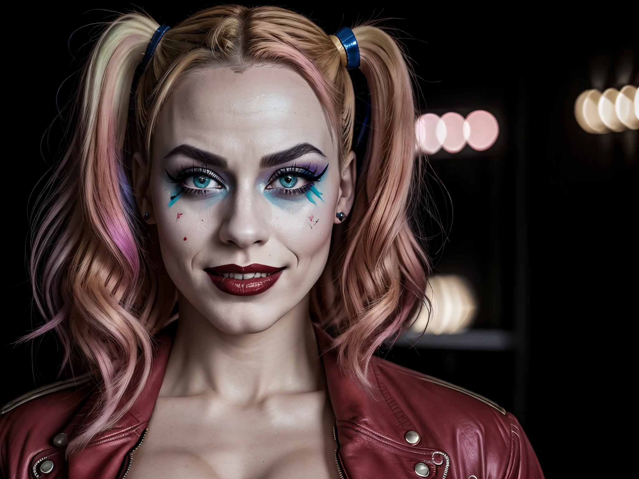 Harley Quinn, pornographic slut, photoRealistic, (portrait shot, best composition), bimbocore swollen full lips with bright red lipstick, Colorful, Intricate, create the best explicit portrait of a 25 year old erotic female psychopath Harley quinn, extreme cleavage and very masculine facial features, big chin, large jaw, the scene has a mysterious and positive atmosphere, focusing on a perfect composition, Depict the bodybuilder with a smiling expression face and a masculine appearance , featuring a very detailed face with a strong jawline and intense cheekbones, very much long hair, Enhance the allure by incorporating colorful highlights in her hair and dressing her in a sexy open jacket emphasizing a lot on cleavage. Strive for HDR effects, capturing a closeup shot that is intricate, erotic, undeniably sexy, Utilize a colorful palette to intensify the overall mood and atmosphere