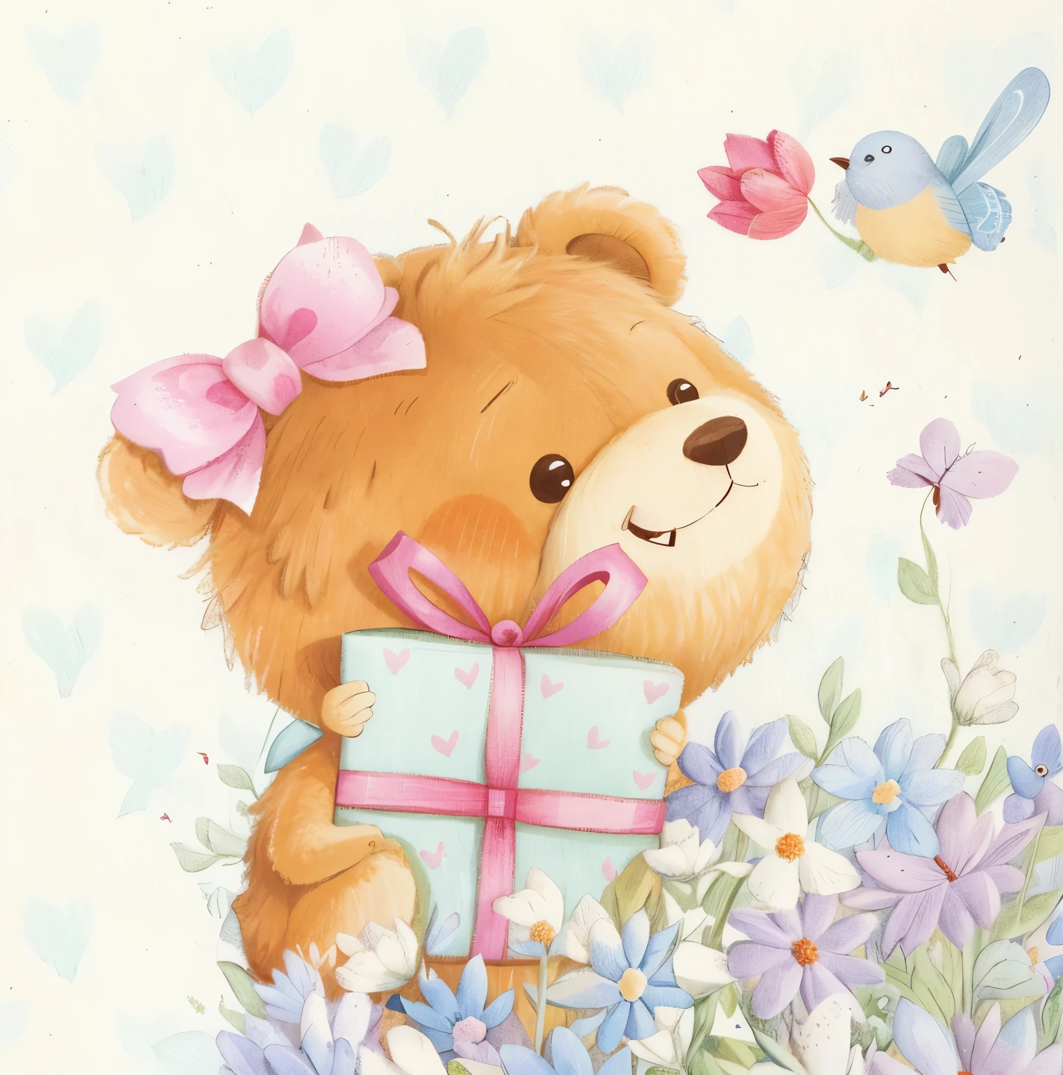 there is a happy teddy bear holding a present in a field of flowers, a bird and a butterfly flying, in the style of book illustration, teddy bear in fur texture, isolated on white background