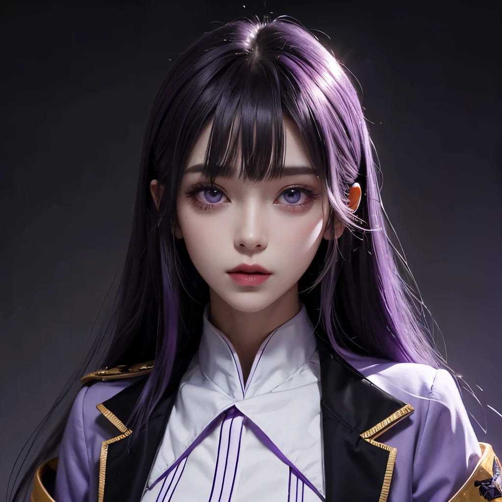 Girl, tall purple evil, violet eyes, sharp features, white skin, uniform