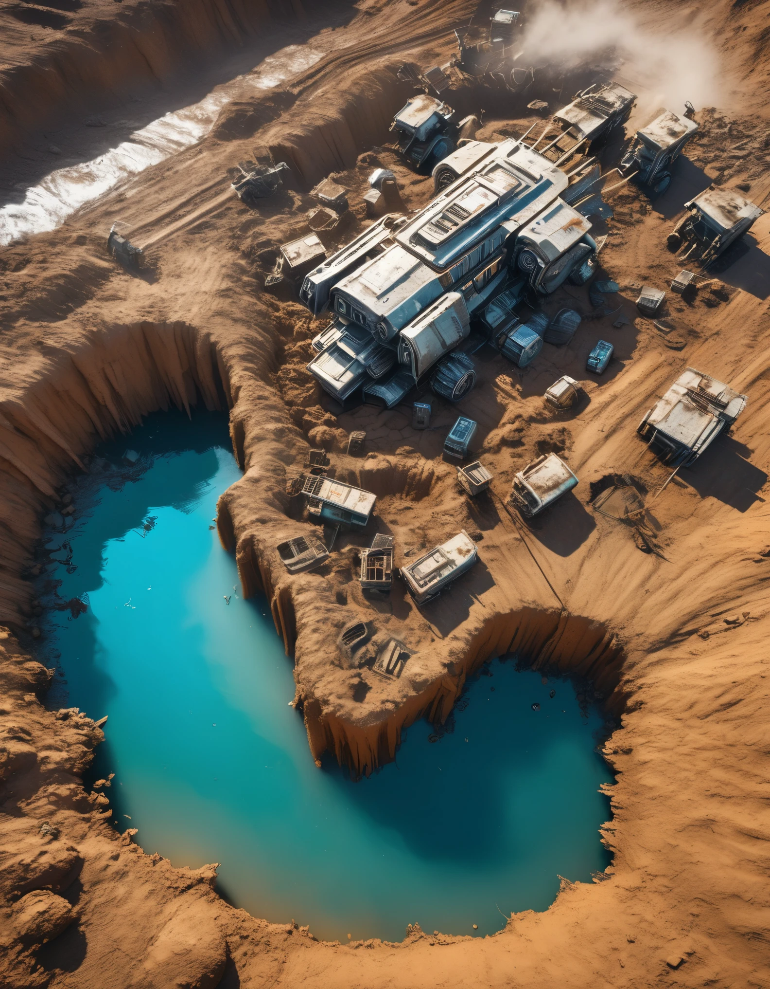 Abandoned mech，3D rendering of A huge waste mecha is being dragged out by many people from a huge super deep pit. The waste mecha is buried by a large amount of mud, whirlpool, covered with rust and mud, broken body, super large audience, astonished expression, mud, debris flow, broken, abandoned, background: archaeological deep mud pit,,Dripping Paint,Matte Painting,Science Fiction,Fever-Dream,Impossible,Postcyberpunk,Ice Age, The picture is from Peter Jackson's work, The picture is from Wong Kar-wai's work, The picture is from Emmanuel Lubezki's work,by Bruno Barbey,by Anne Brigman,by Edward S. Curtis,Intense Atmosphere, high detail,hyper quality,high resolution,surrealism,HD,16K,depth of field (dof),A bird's-eye view,aerial view,mood lighting,Super detailed details