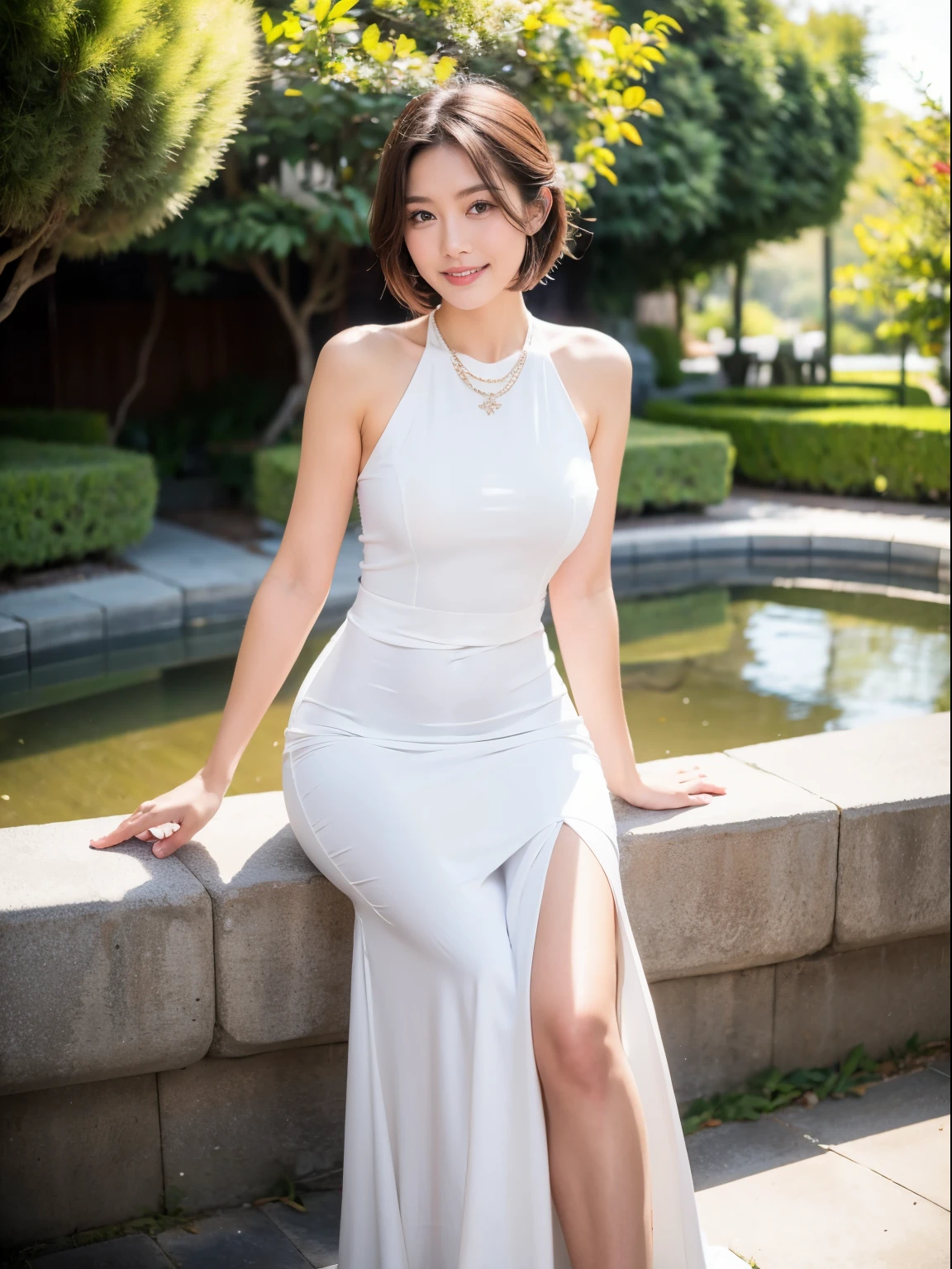 (RAW photo:1.2), (realistic:1.4),beautiful detailed woman,非常にfine eyesと顔, fine eyes, Super detailed,High resolution, very detailed,highest quality,enlightenment,unified,8k wallpaper,masterpiece,highest quality,1 female,alone,rich,Full body Esbian,(The waist is a little thick:1.1),Toned figure,thick legs,slim waist,alone、(Long dress with pure white lace,high heels),jewelry necklace short hair,gentle smile,dignified atmosphere,black eye,realistic,Suzhou Garden , (daytime garden:1.1)