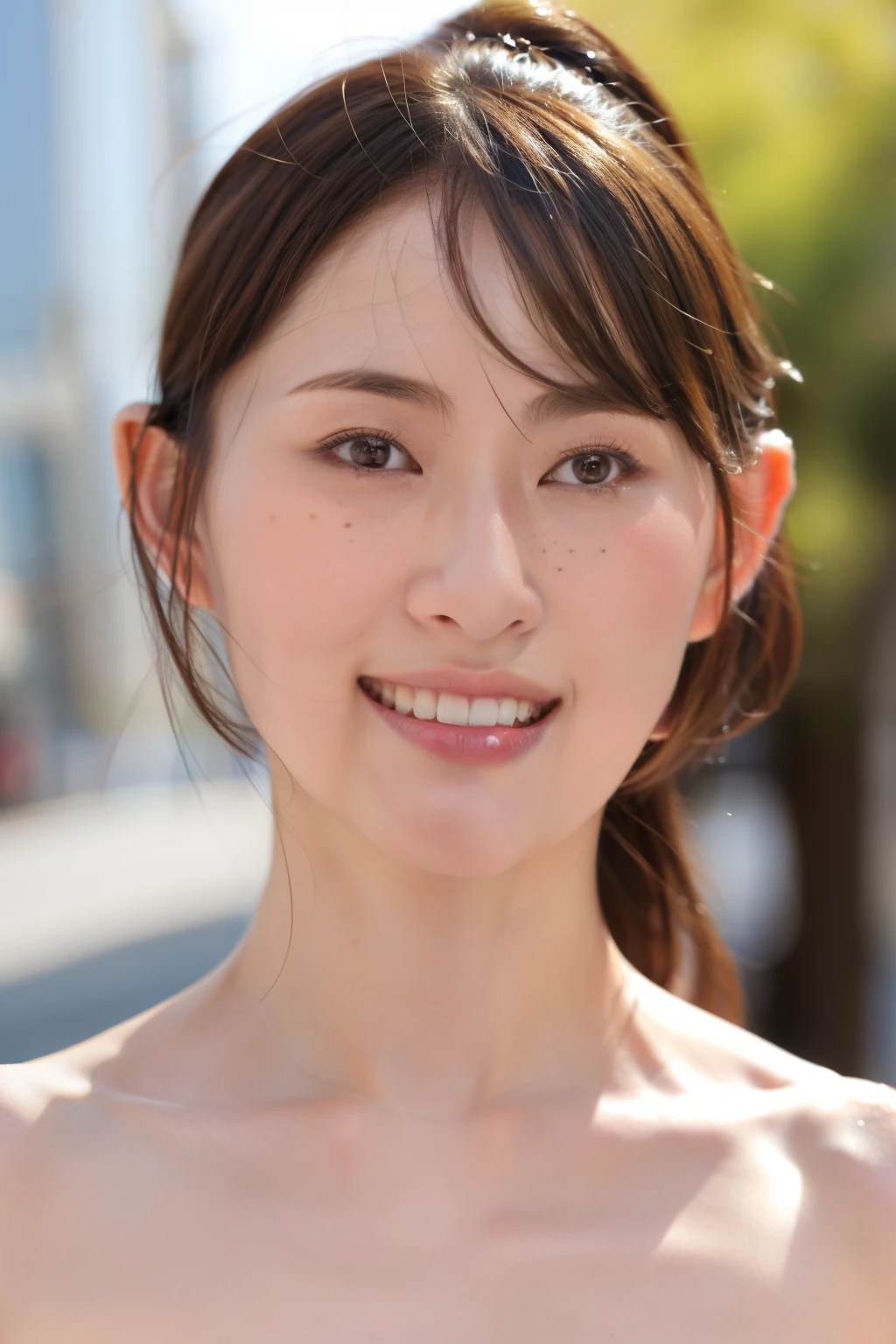 NSFW:1.3:((highest quality、8K resolution、master masterpiece、portrait:1.3)), Photoreal, 35mm film, mature woman:1.5,on the street during the day, wrinkles around the eyes,wrinkles around the mouth,((topless_naked:1.3)) , (outdoors_city street: 1.3), jumbled background,look at the audience,(Tokyo cityscape:1.3), whole body,smile