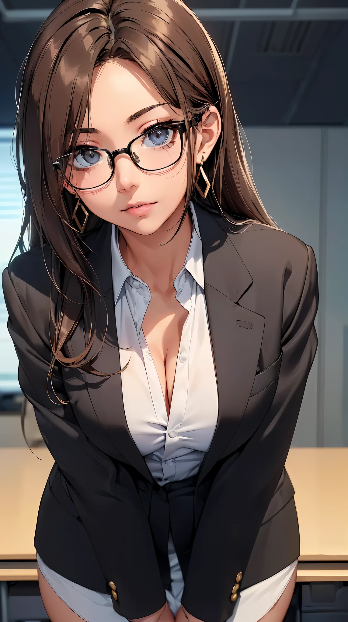 (8k, RAW photo, 最high quality, masterpiece:1.2), High-definition RAW color photo, Professional photo shoot, cinematic light, alone, (((young woman))), (detailed expression), (round eyes, WELLINGTON type glasses), (small face), (high detail skin:1.2), clavicle, cute face, beautiful appearance, long eyelashes, (brown hair, wavy hair, blackい目), (earrings), (slim body shape:1.4), very detailed顔と肌の質感, fine eyes, double eyelid, (smile), ((facing the front:1.2)), ((photo shootのためポーズをとる, sexy pose)), (At the office:1.5), Joy and excitement, (((office suit_black, white shirt, タイトスカート₋black, 40 denier stockings), ((photo shoot, Low - Angle)), Pose sideways:1.2, beautiful skin, shiny skin, perfect fingers, five fingers, anatomically correct, background bokeh, high quality, surreal, bright colors, ((nikon, 50㎜, f/1.8, very detailed, photo shoot)),