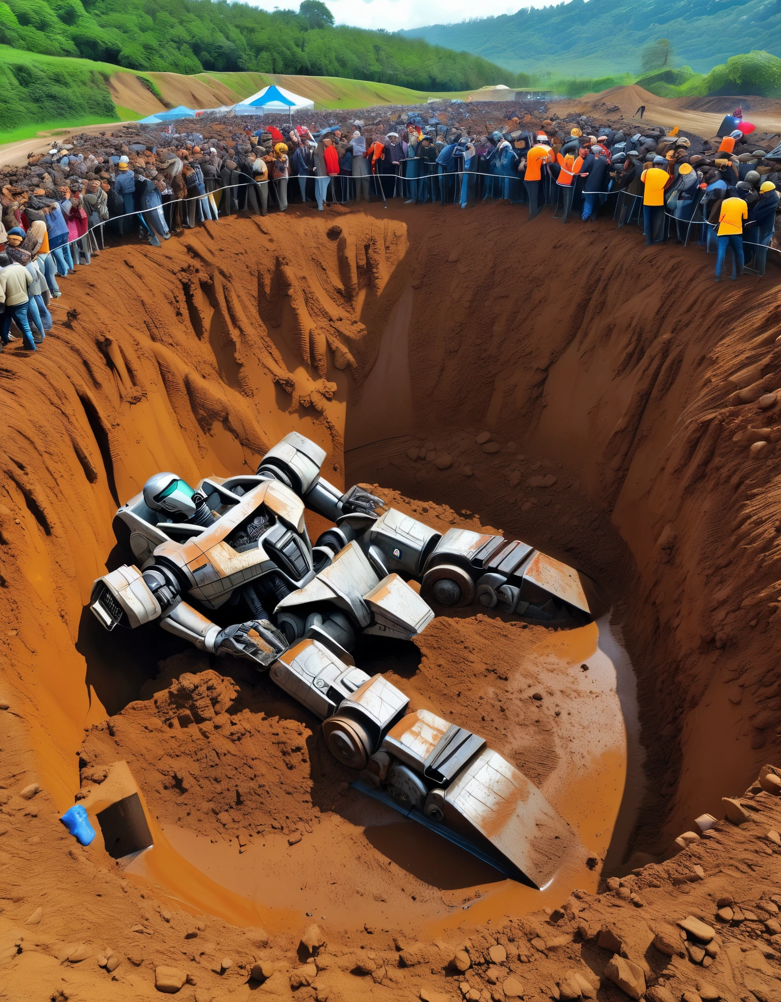 3D rendering of A huge waste mecha is being dragged out by many people from a huge super deep pit, covered with rust and mud, broken body, super many viewers, shocked expression, mud, debris flow, broken, abandoned, background: archaeological deep mud pit,,Dripping Paint,Matte Painting,Science Fiction,Fever-Dream,Impossible,Postcyberpunk,Ice Age, The picture is from Peter Jackson's work, The picture is from Wong Kar-wai's work, The picture is from Emmanuel Lubezki's work,by Bruno Barbey,by Anne Brigman,by Edward S. Curtis,Intense Atmosphere, high detail,hyper quality,high resolution,surrealism,HD,16K,depth of field (dof),A bird's-eye view,aerial view,mood lighting,