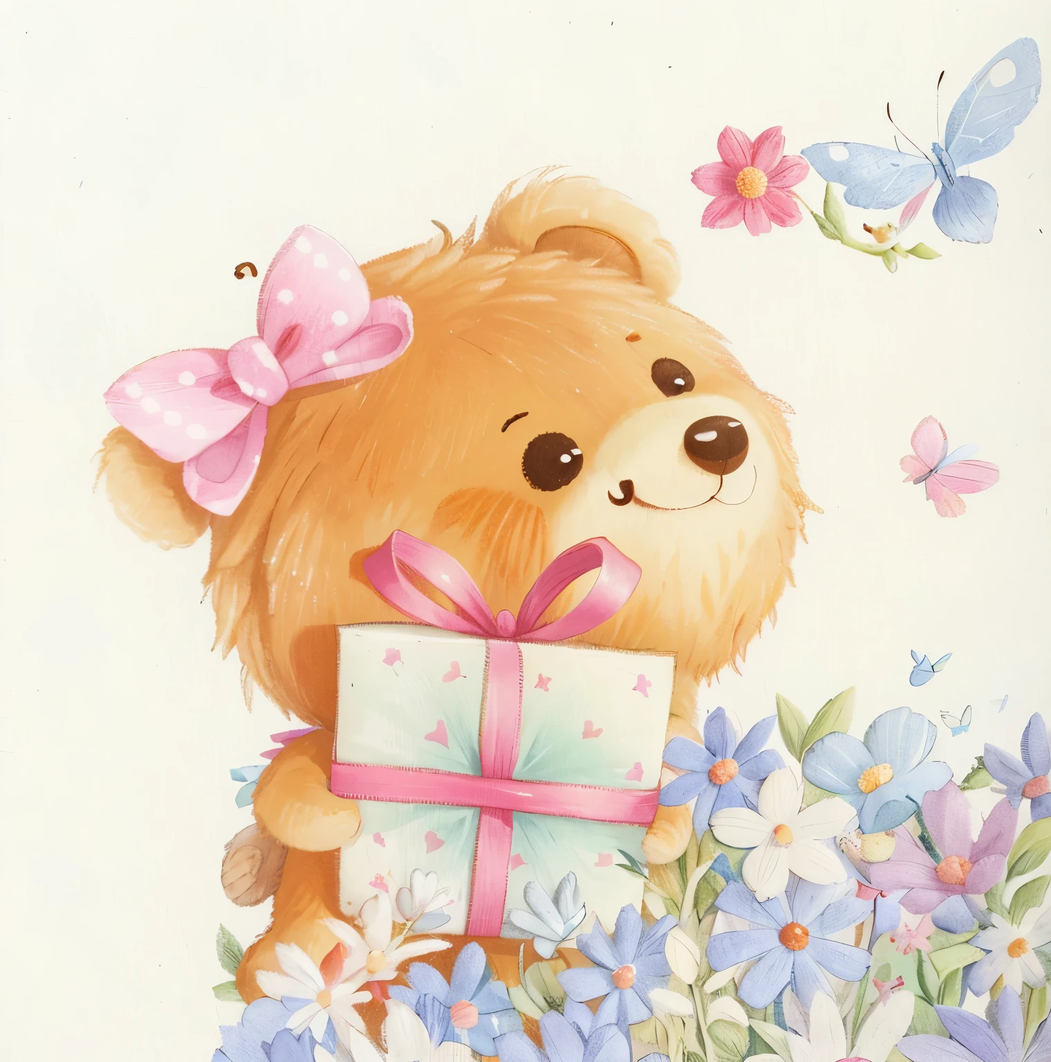 a closeup of a happy teddy bear holding a present in a field of flowers, a bird and a butterfly flying, in the style of book illustration, teddy bear in fur texture, isolated on white background, arte digital detalhada fofa, arte fofa, 8k illustration