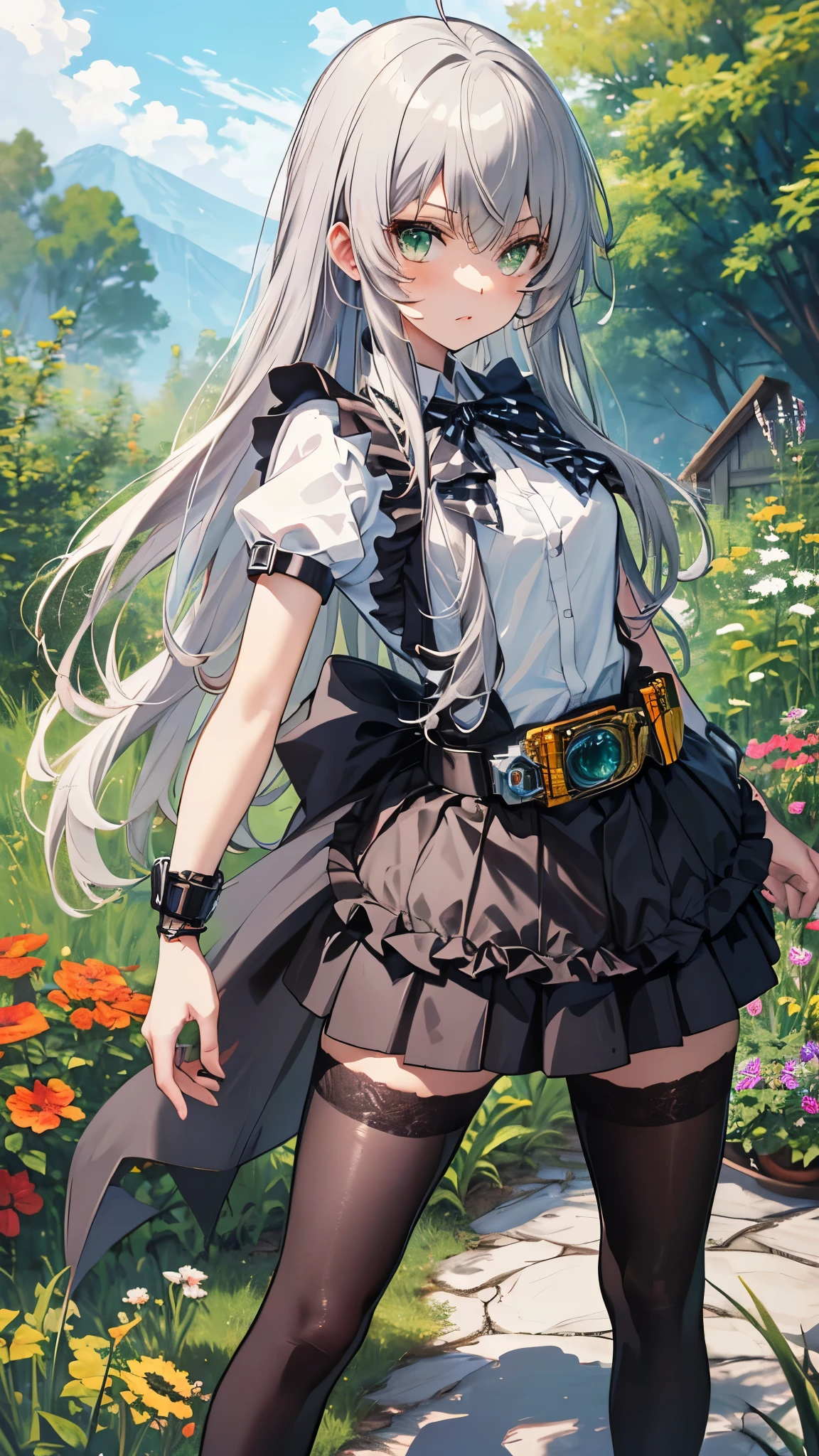 (tsuuhaiken),masterpiece,best quality,highres,ultra-detailed,aanyaruko,long hair,(silver hair),ahoge,shirt,white shirt,checkered clothes,short sleeves,transformation belt,black apron,skirt,checkered skirt,zettai ryouiki,(white thighhighs:1.2),high heels,outdoors,garden,black lace-trimmed panties, (cowboy shot:1.3),standing,open stance,(Kamen Rider's Transformation Pose:1.3)