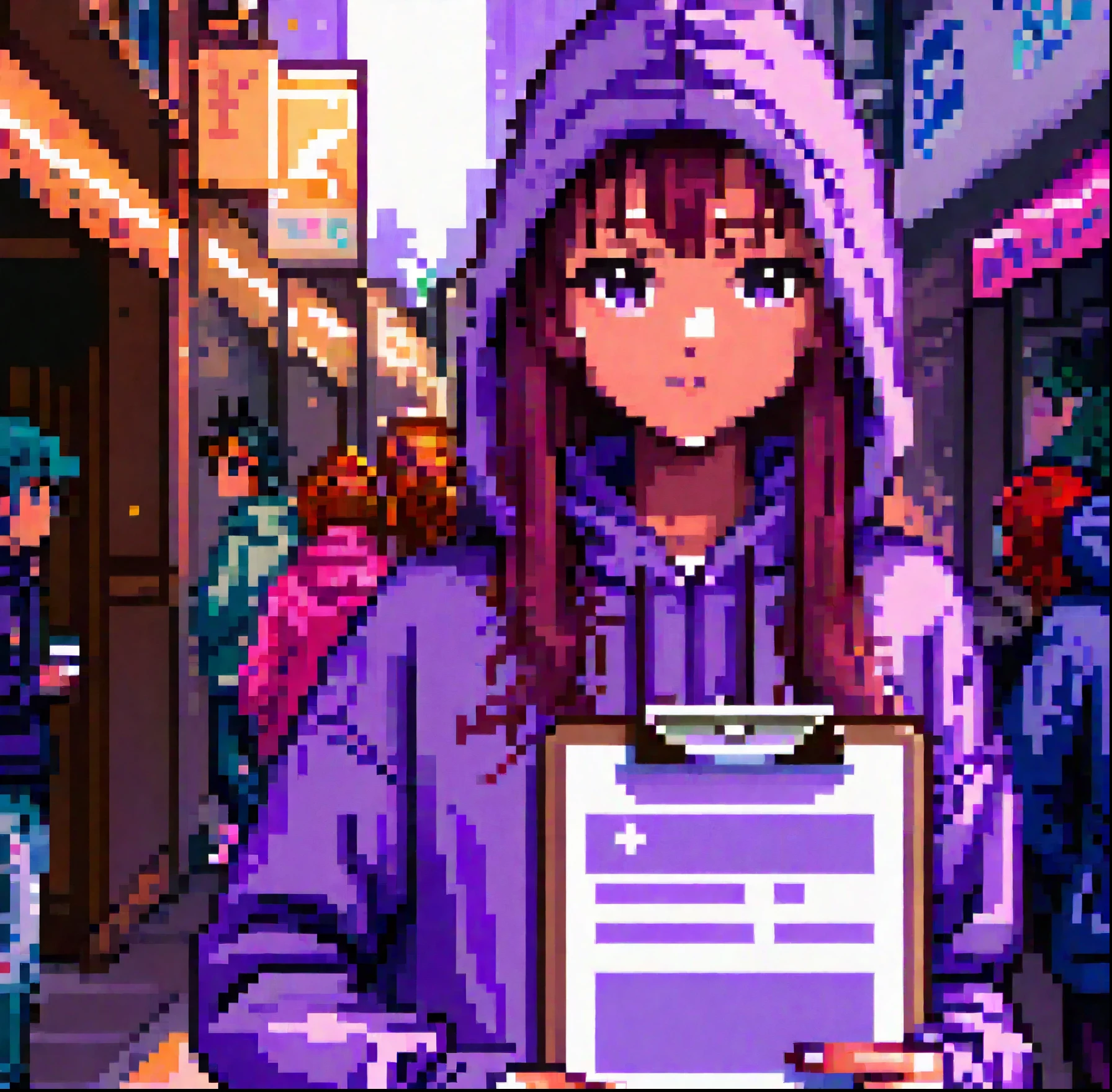 pixelated anime girl in purple hoodie holding a clipboard and a pen, wearing a purple sweatsuit, holding a clipboard, girl wearing hoodie, high quality pixel art, in the style of pixel anime games