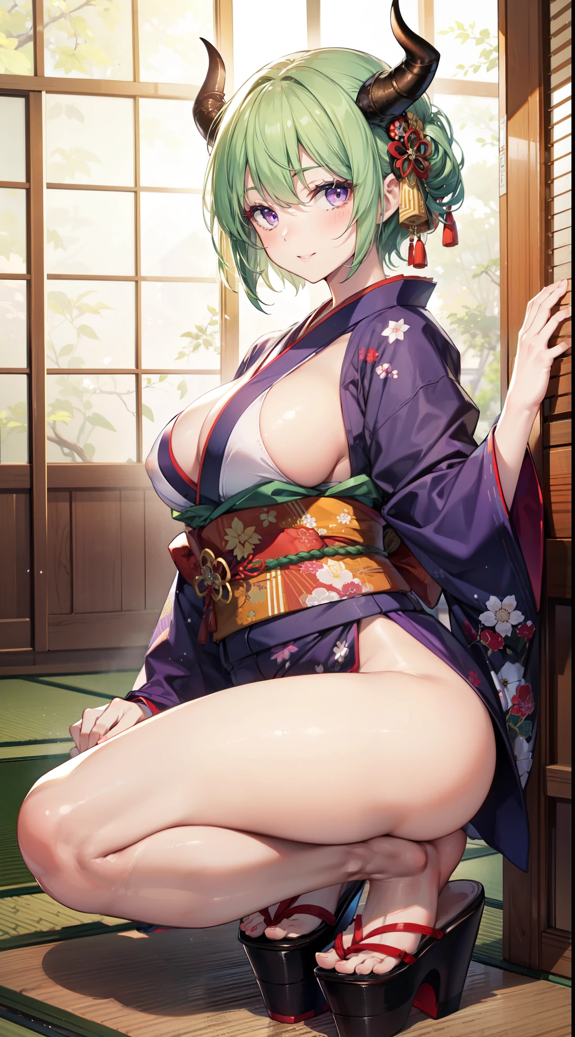 highest quality at best,4k,8k,High resolution,master piece:1.2),super detailed,(actual,Realistic),Bright colors,美しく繊細なpurple eyes,delicate smile,face turns red,red kimono、Japanese pattern kimono、highest quality,kind and beautiful woman,thin neck,delicate and sexy body,charming smile,double eyelid,rosy lips,small nose,short hair、open legs,big breasts,have confidence,grace,fascinating,Feeling excited、big ass、huge breasts、Beautiful leg lines、The gaze is on the viewer、red light district、brothel、two big horns、sensual body、saggy breasts、nipple、green hair、purple eyes、front、forward、elation、sensual look、seductive pose、very big breasts、huge breasts、whole body、front、Gorgeous kimono、Twelve haori、Kimono appearance、Platform clogs、Oiran、