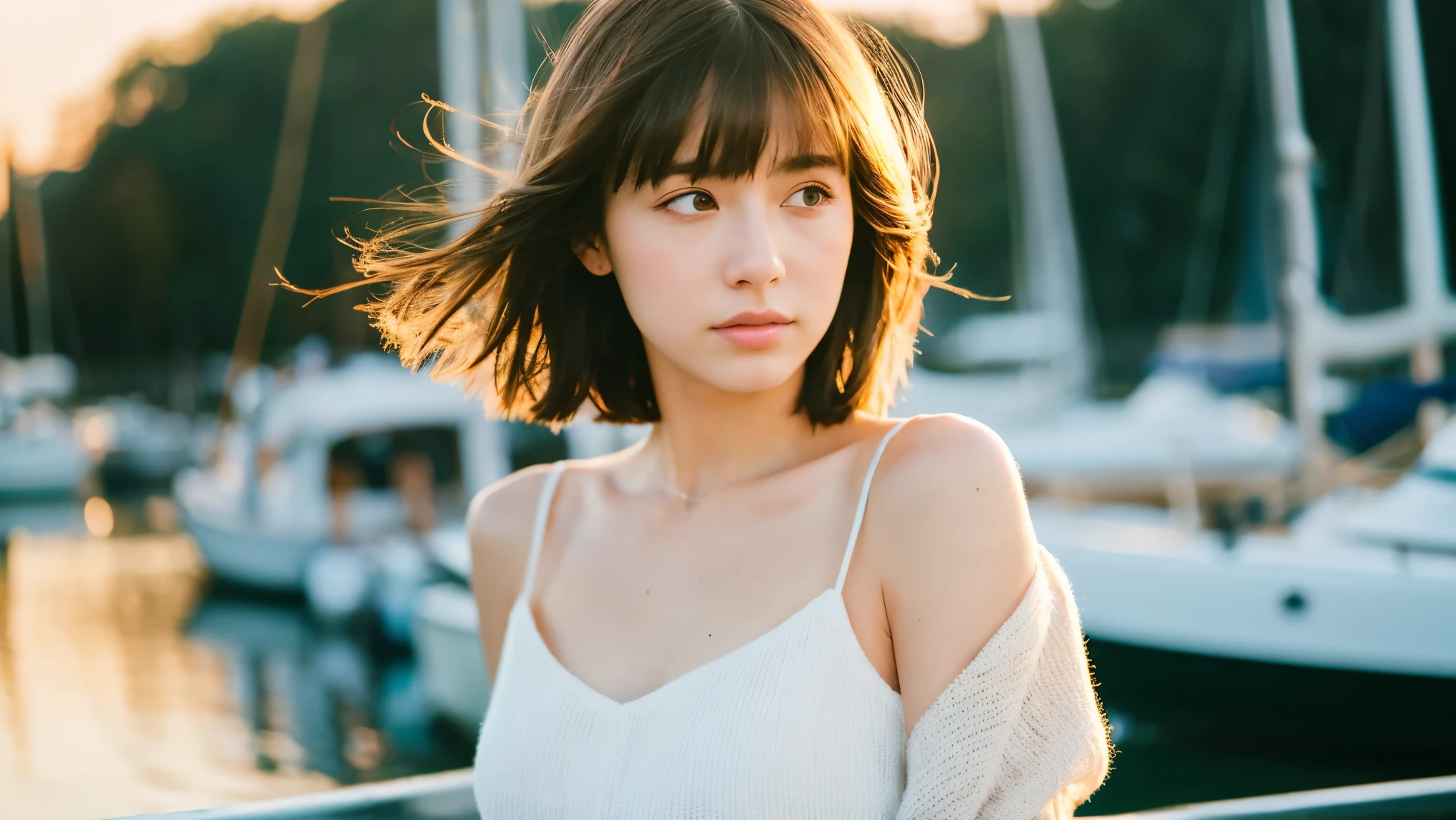 masterpiece, Best Quality, 8K, 1 girl, yacht harbor at dusk, 18 yo, medium breasts⁩, mouth slightly open, cute little, Solo, sad, Clothes suitable for autumn, Cute, Girly, Delicate girl, Neat and clean beauty, Raw photo, Professional Photography, Portrait, Soft light, Professional Lighting, Back lighting, Upper body, see the beholder, Sophisticated, Film grain, (Eyes and faces with detailed:1.0), Short hair swaying in the wind, beautiful flowing brown hair, bangs