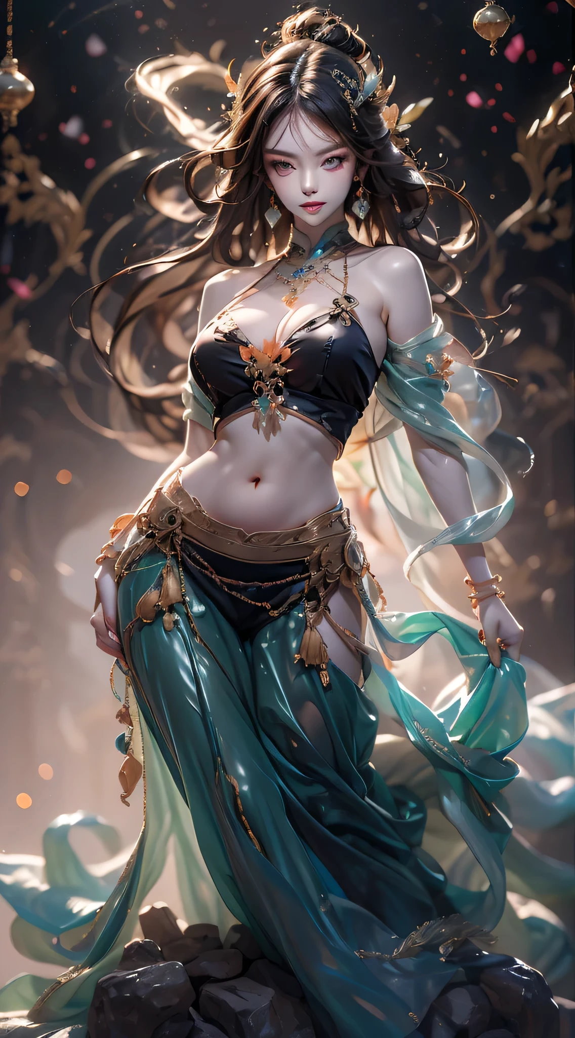(highest quality)、1 girl、((A woman with an LED light wrapped around her body in a pitch-black room：1.5))、(Colorful fairy lights shine and illuminate your body：1.5)、(body looks faint：1.5) )、(Many fairy lights)、beautiful face、detailed and perfect face、long curly hair、perfect proportions、big breasts、big butt、gap between crotches、thighs、((dynamic pose、Change Pose,))、background black、Yes No light source other than fairy lights、beautiful face、delicate face、long curly hair、perfect proportions、big breasts、constriction、belly button、big butt、gap between thighs、thighs、