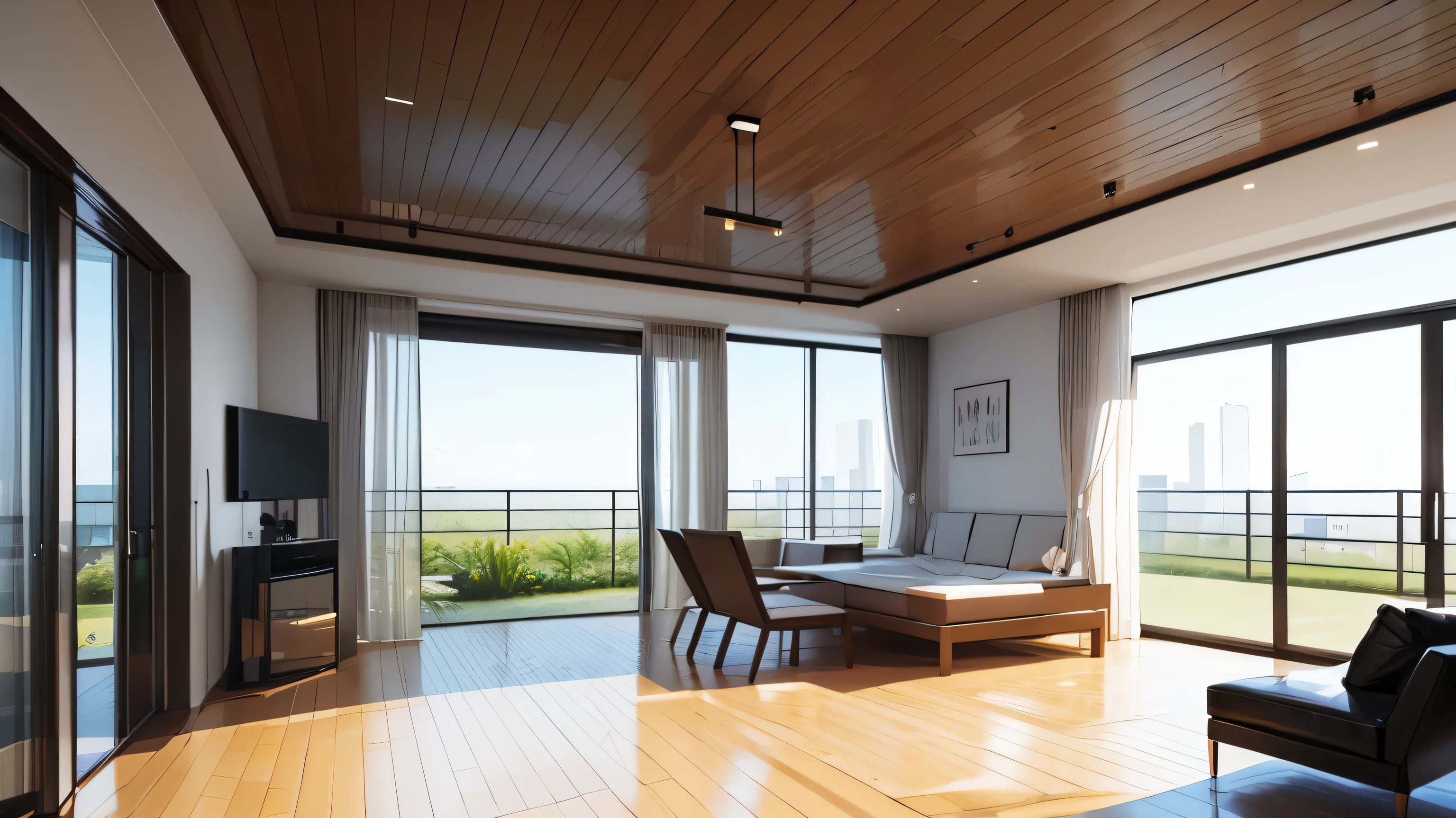 you are a famous interior designer、I was asked to create a 3D image of a large modern room.。. Create a harmonious environment with modern and minimalist furniture. Including garden interior.