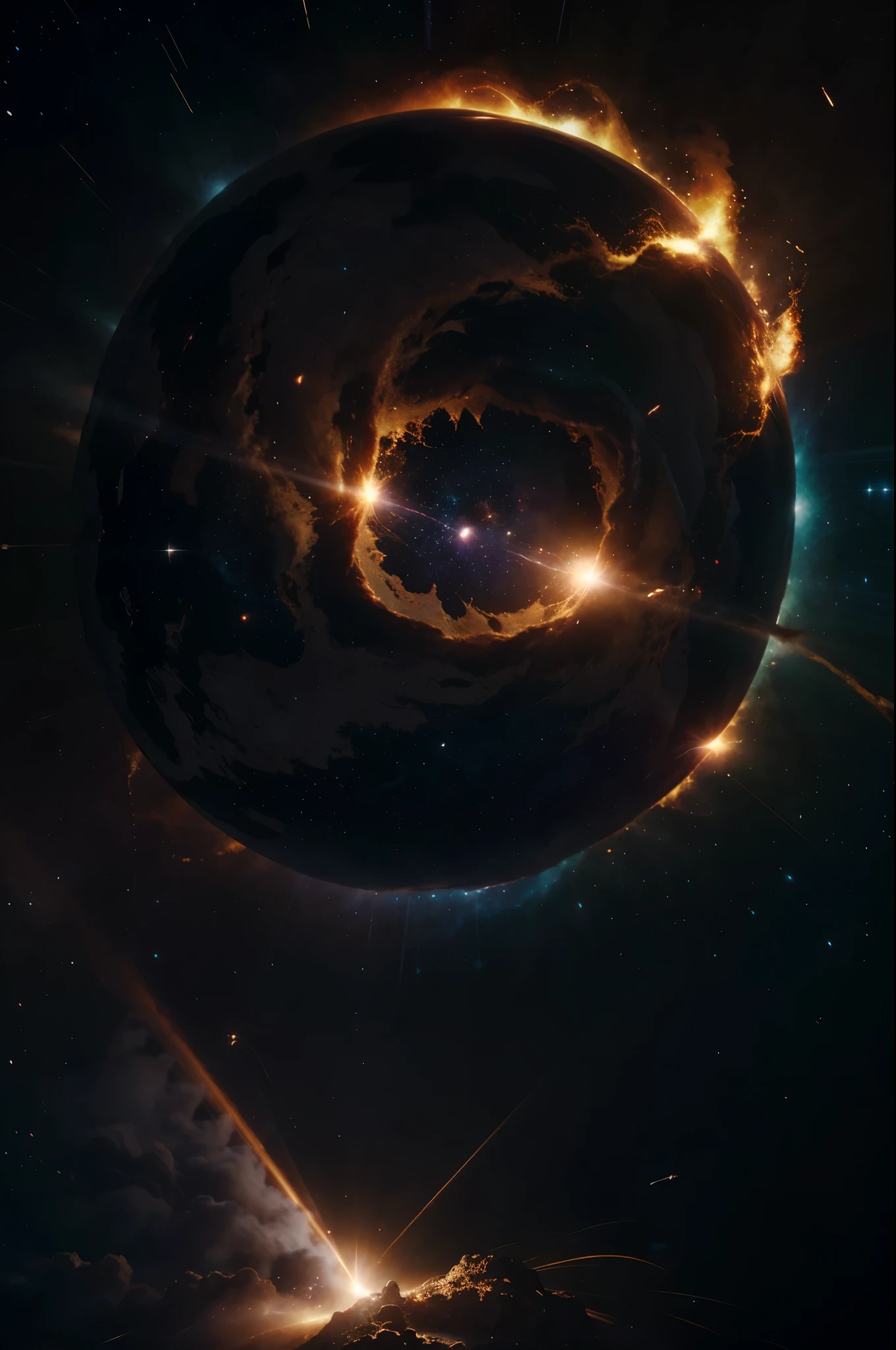 supernova, bright star, starfire, light, burning, stars explosions, death of a star, the end of the universe, the cosmos start to break apart, unreal engine 5, depth of field, chiaroscuro, cinematic lighting, motion blur, sparkle, glowing light, god rays, best quality, highres, super detail, UHD