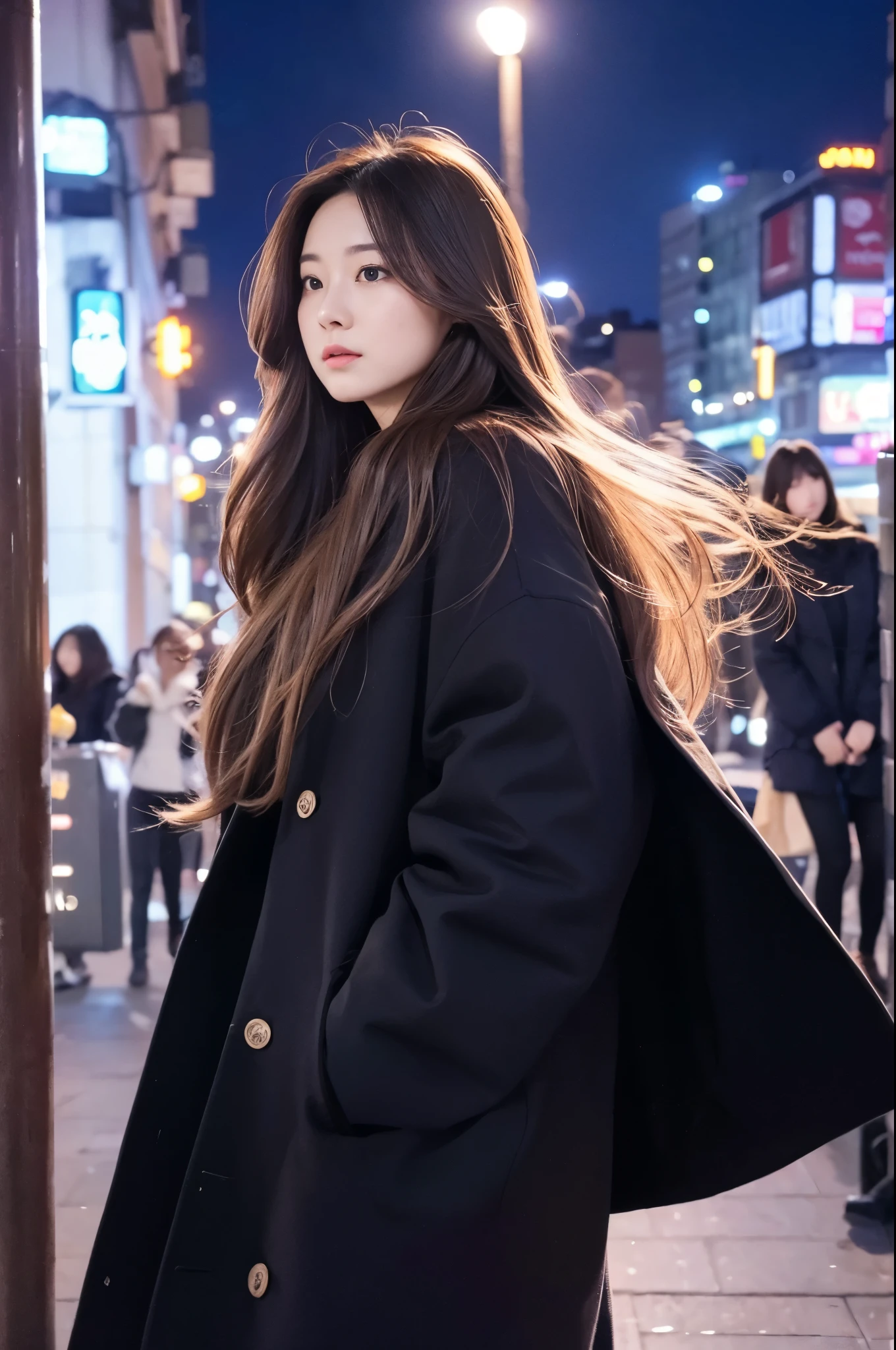 older sister、coat、long hair、hair blowing in the wind、City of night、front、long skirt、round face
