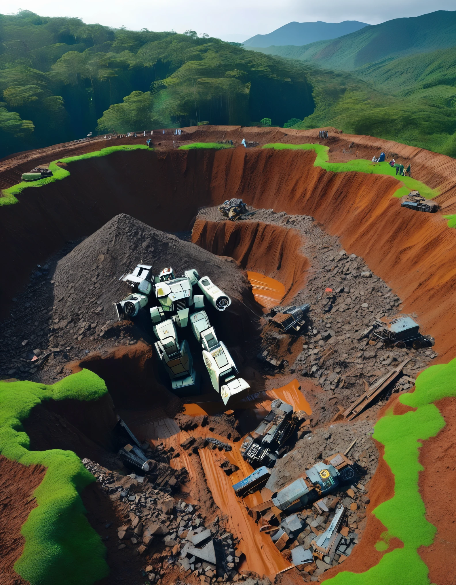 3D rendering of A huge waste mecha is being dragged out by many people from a huge super deep pit, covered with rust and mud, broken body, super many viewers, shocked expression, mud, debris flow, broken, abandoned, background: archaeological deep mud pit,,Dripping Paint,Matte Painting,Science Fiction,Fever-Dream,Impossible,Postcyberpunk,Ice Age, The picture is from Peter Jackson's work, The picture is from Wong Kar-wai's work, The picture is from Emmanuel Lubezki's work,by Bruno Barbey,by Anne Brigman,by Edward S. Curtis,Intense Atmosphere, high detail,hyper quality,high resolution,surrealism,HD,16K,depth of field (dof),A bird's-eye view,aerial view,mood lighting,
