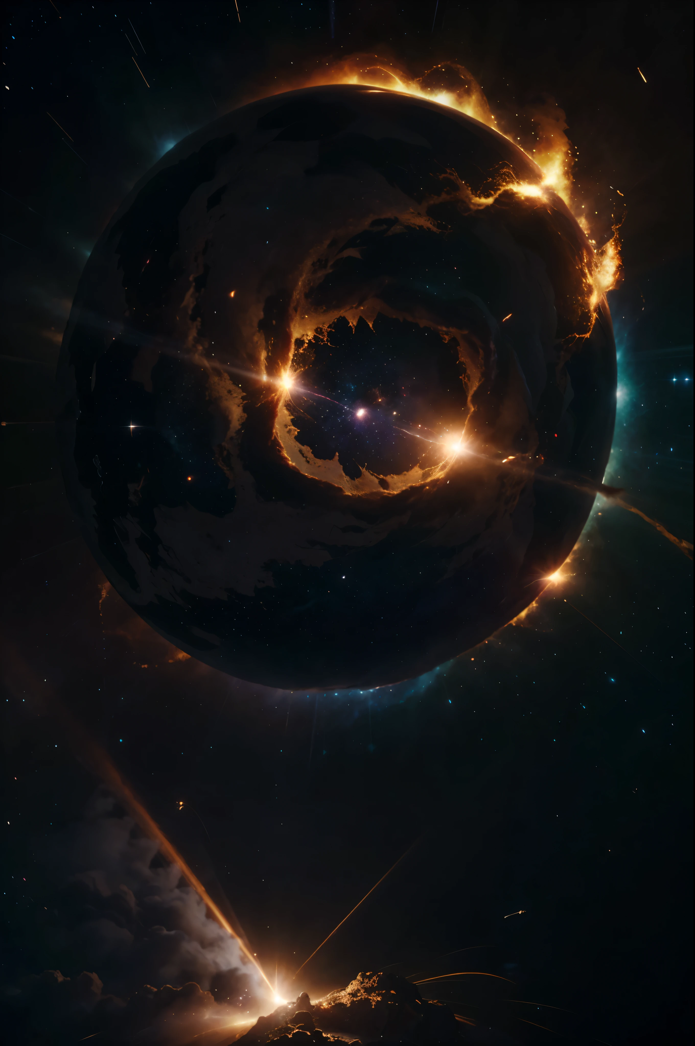 supernova, bright star, starfire, light, burning, stars explosions, death of a star, the end of the universe, the cosmos start to break apart, unreal engine 5, depth of field, chiaroscuro, cinematic lighting, motion blur, sparkle, glowing light, god rays, best quality, highres, super detail, UHD