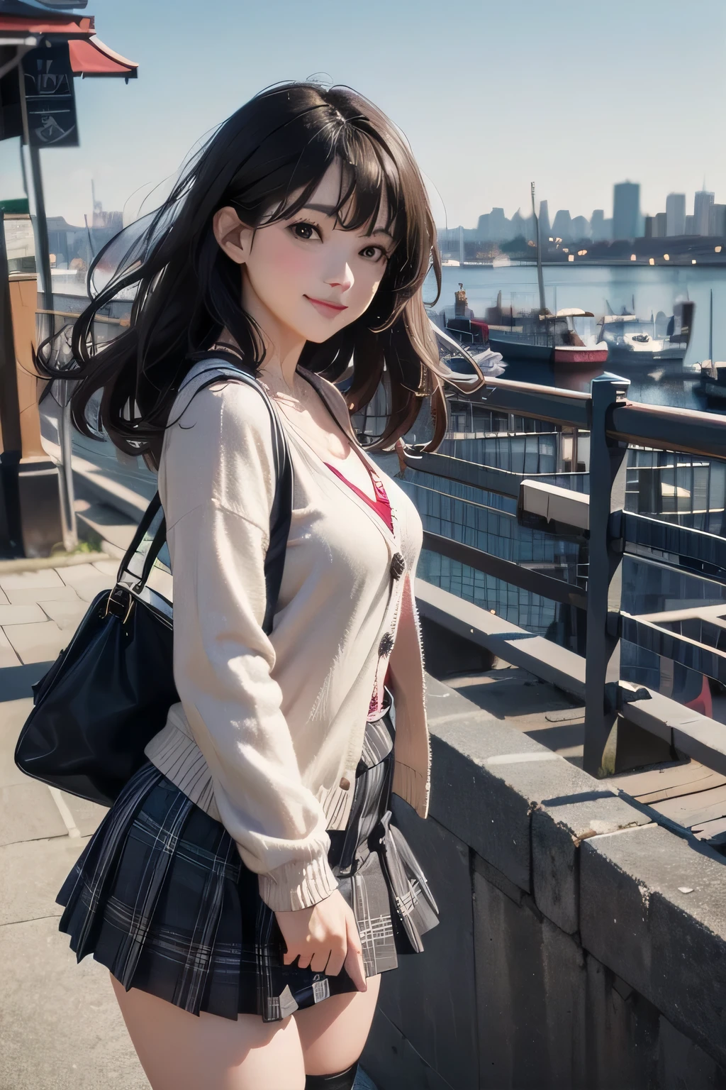 very cute and beautiful girl,teen,(very detailed美しい顔),(gray blouse),(smile:1.2),
cowboy shot,(red cardigan:1.2),long sleeve BREAK zettai ryouiki,(Brown Shoulder Bag),(Plaid brown mini skirt:1.3),
dynamic pose,wavy hair,black hair,(black boots),
(Yokohama:1.2),(port town,Urban landscape overview:1.2),detailed landscape,walk,
(highest quality,masterpiece:1.2),disorganized,High resolution,super detailed,very detailed,32K,8K resolution,
intricate details,movie-like scene,detailed background,alone,dynamic angle,
hair blowing in the wind,beautiful and detailed sky,