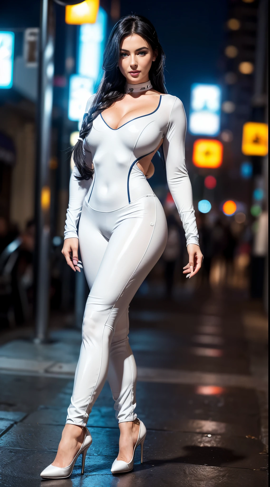 (((full figure))), 25 year old woman, facial features like actress Monica Bellucci, sexy, erotic, voluptuous, goddess pose, smooth skin, (wide neckline), (((braided black hair) )), bangs, highly detailed eyes, ((blue eyes, sparkling eyes, eyebrows behind the hair, long eyelashes: 1.3, deep-set, detailed, sleepy eyes, makeup around the eyes)), eye makeup, smile light, summer, night, outdoor, low light, ((wearing full body white tight suit, steel stiletto high heel shoe)), full body, photorealistic, bokeh, masterpiece, UHD.
