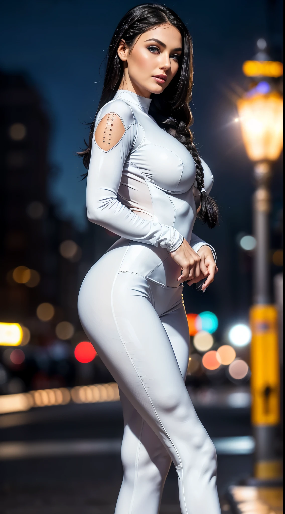 (((full figure))), 25 year old woman, facial features like actress Monica Bellucci, sexy, erotic, voluptuous, goddess pose, smooth skin, (wide neckline), (((braided black hair) )), bangs, highly detailed eyes, ((blue eyes, sparkling eyes, eyebrows behind the hair, long eyelashes: 1.3, deep-set, detailed, sleepy eyes, makeup around the eyes)), eye makeup, smile light, summer, night, outdoor, low light, ((wearing full body white tight suit, steel stiletto high heel shoe)), full body, photorealistic, bokeh, masterpiece, UHD.