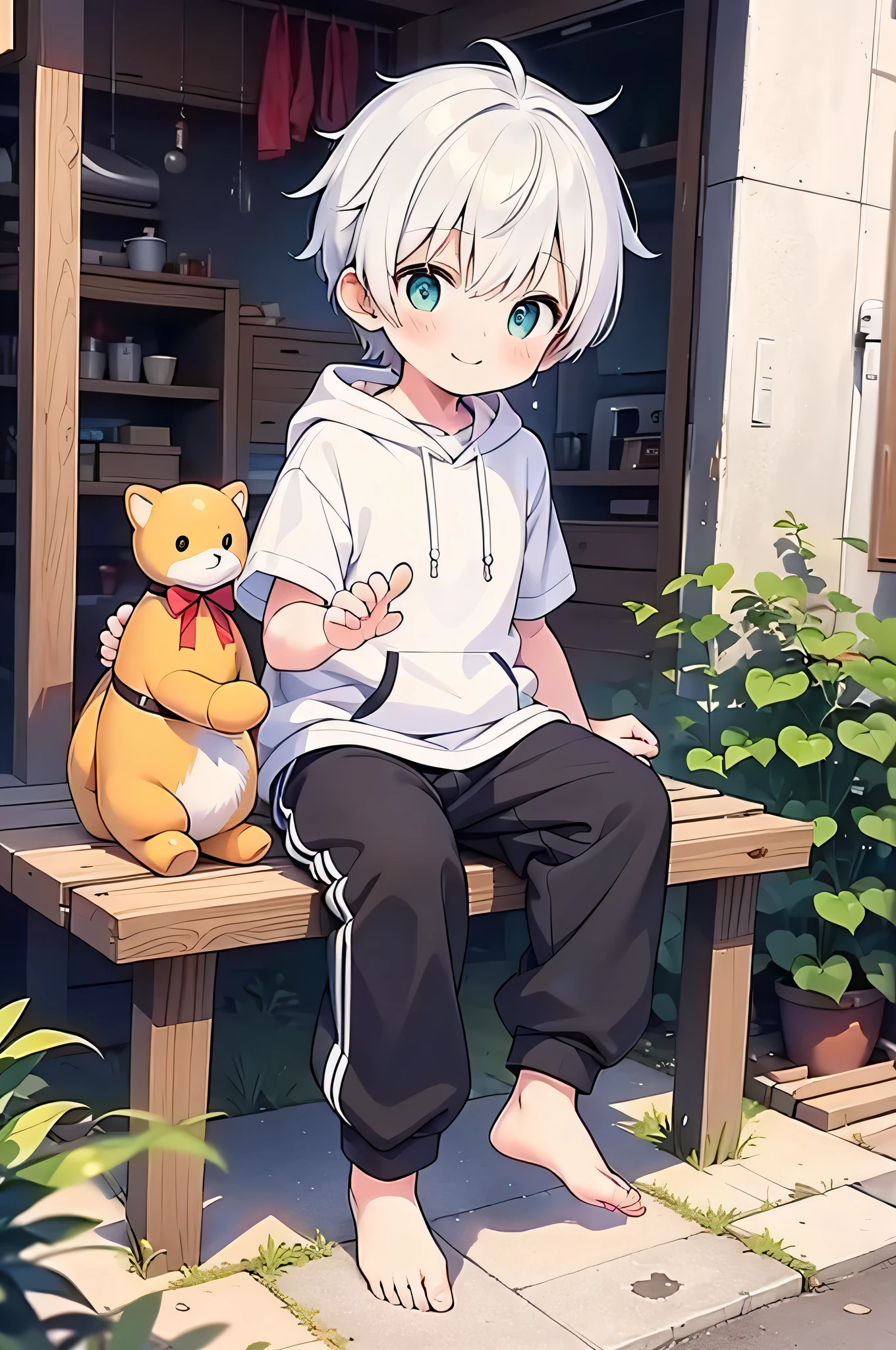 masterpiece, chubby **********s with white hair and shiny bright green eyes and small socks wearing a hoodie, and oversized Sweatpants sitting on a car roof, young, boys, child, small, toddler, soft light, (Sweatpants:1.4), (Socks are too small:1.2), (boys:1.4), (Shota:1.4), (young:1.4), (male:1.4), (smiling:1.4), (foot:1.4), (Shy:1.4), (soft:1.0), (color:1.0), (cute color:1.0),