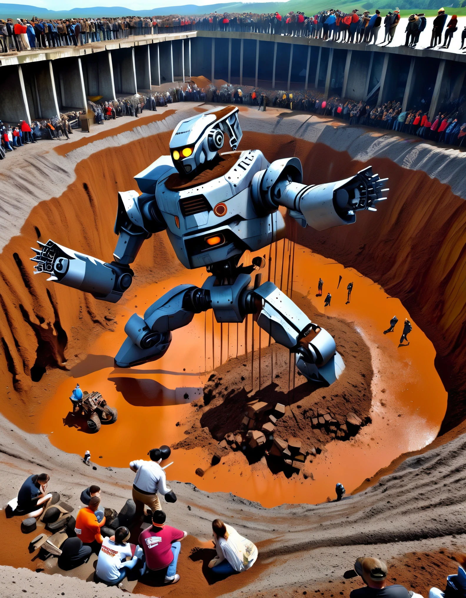 bird's eye view,Mudslide buried a huge abandoned mecha,lying in a pit,The mecha is covered in rust and running mud.,Broken body,muddy gravel,many people digging,Horrified spectators look into the pit,archaeological pit,background:Many surprised spectators crawled on the edge of the pit,