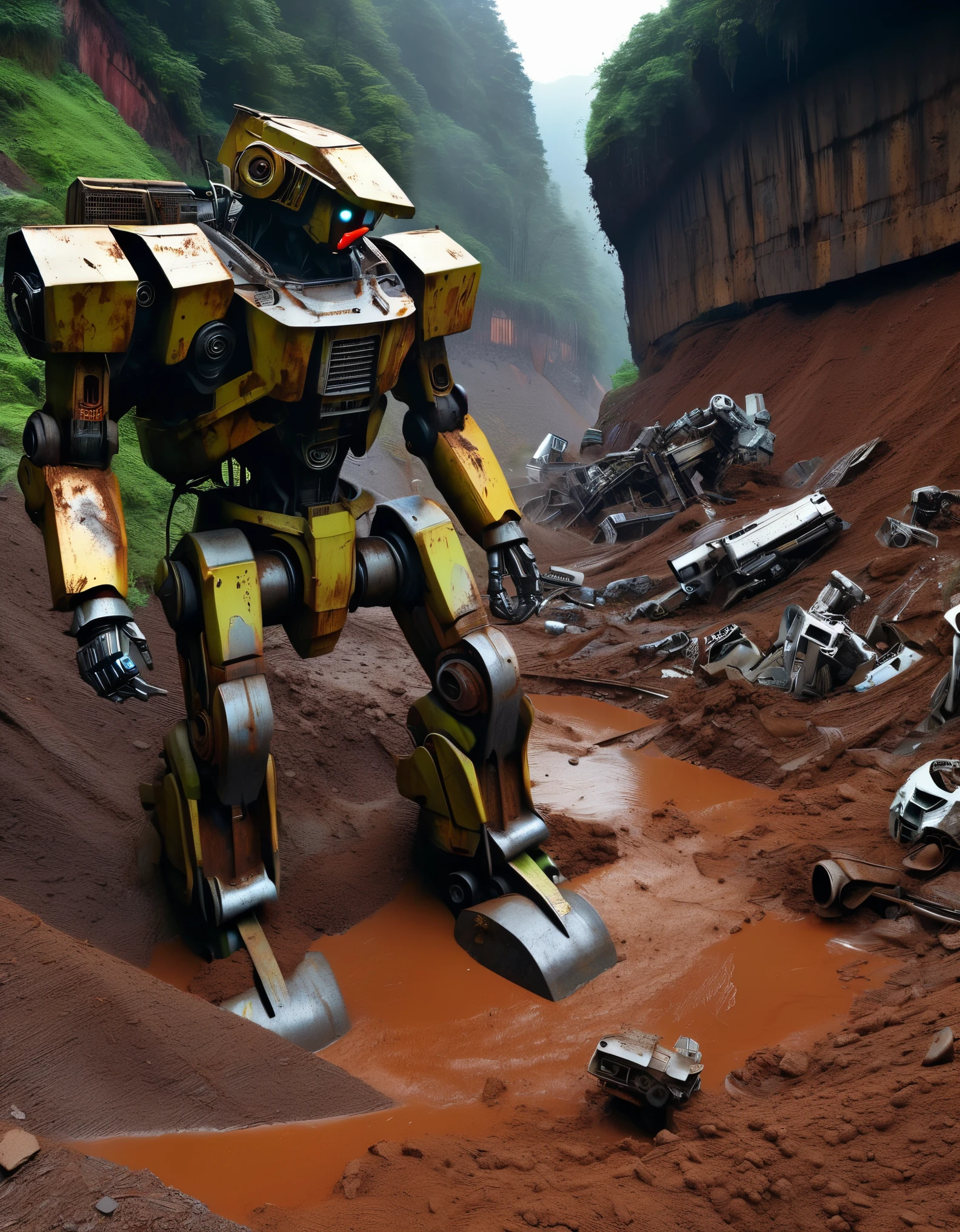 bird's eye view,Mudslide buried a huge abandoned mecha,lying in a pit,The mecha is covered in rust and running mud.,Broken body,muddy gravel,many people digging,Horrified spectators look into the pit,archaeological pit,abandoned machine, Super Liar Head and Severed Limbs, A super head with a mutilated body, super duper abandoned head, Super Liar Shatter Mecha Garbage Mountain, mechanical垃圾山, post apocalyptic, dystopia, rusty metal, damaged parts, moss, ghostly atmosphere, destroyed city, mechanical, lifeless, desolate, dim lights, background:dark rainy night