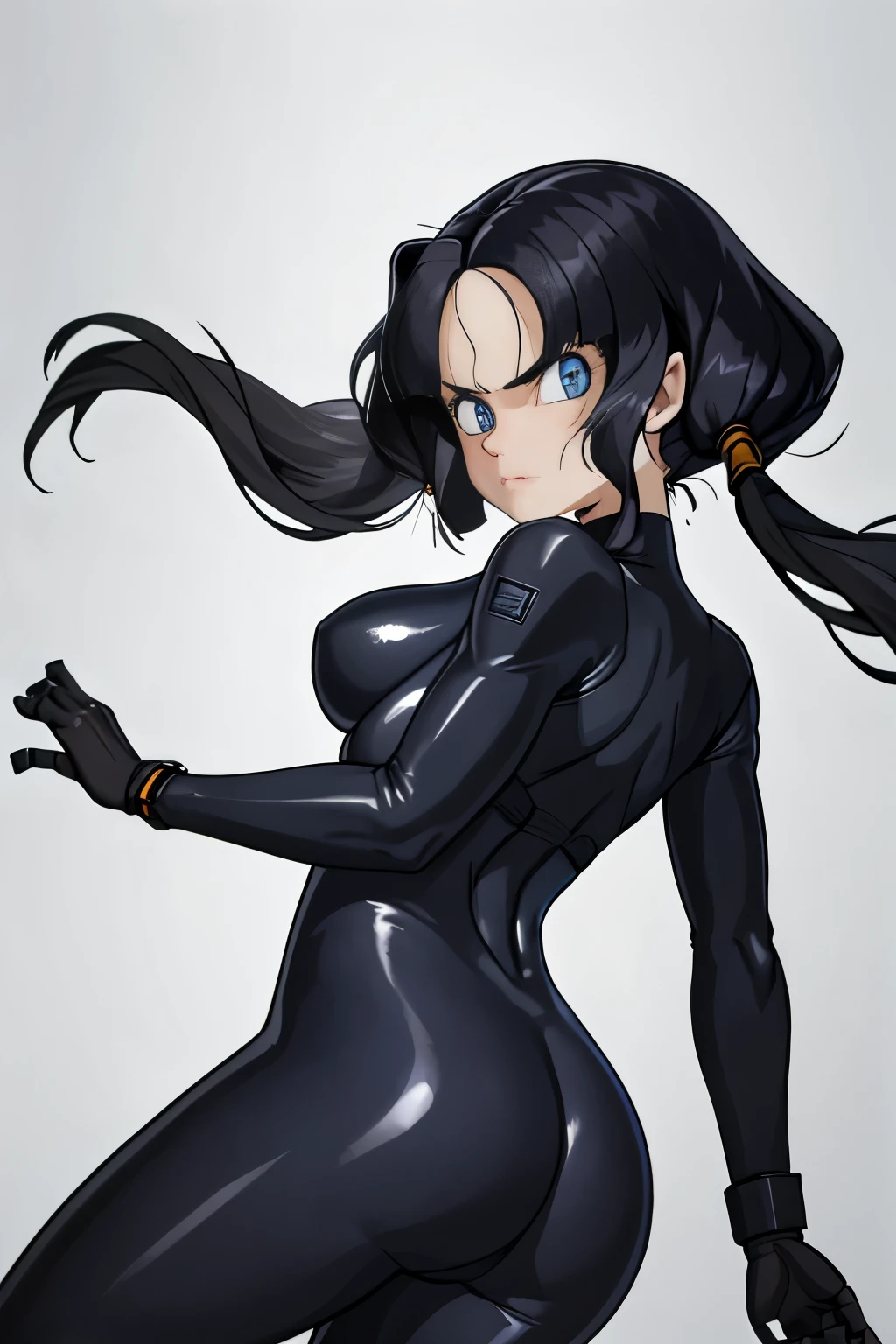 masterpiece, highest quality,High resolution, , 1girl, alone, body suit, gun,girl,he saw,saw 2, blue eyes, black hair, Low twintails and short cut, medium breasts, frown,girl1名, Black tight suit,backwards,stick one out&#39;butt