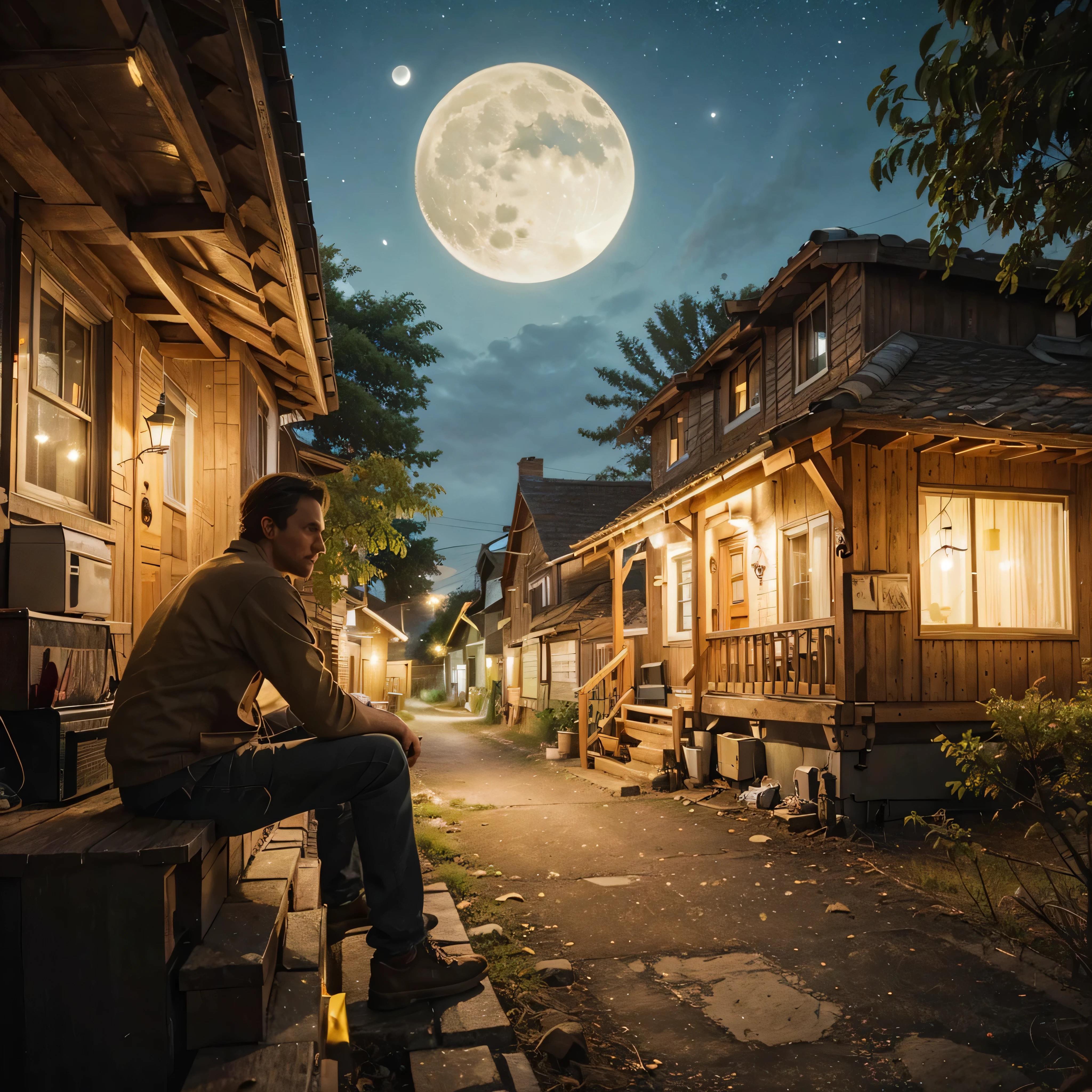 image of a man sitting on his porch at night, with a bright moon and the ambiance of yellow light bulbs in the corners of the houses, depicting a rural village atmosphere, in UHD, 4K, lifelike, hyper-realistic, and highly detailed.