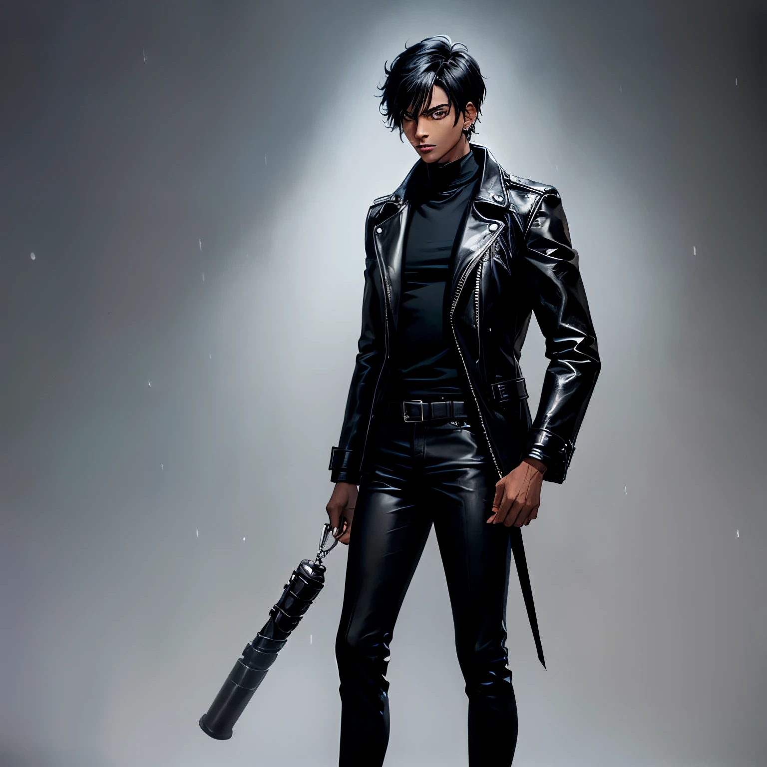 1man, (((male))), (((youthful, age 27))), (((short black hair))), (((dark-skinned))), (((serious))), (((black leather coat))), (((black high-neck top))), (((black trousers))), (((black high-heel boots))), (((black earrings))), (((black and grey backdrop))), (((raining)))