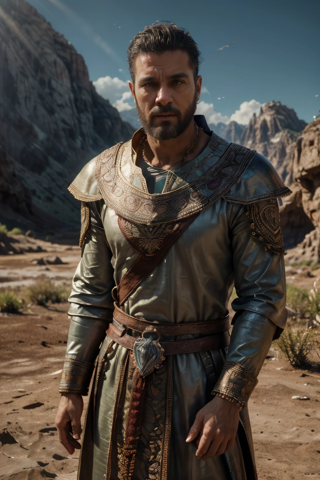 Biblical character image, homem de 35 anos, Brave appearance, Standing, pose destemida, Corpo todo ((wearing majestic tunic)), lighting coming from the clouds towards you, ((ambiente com montanhas)), (professional 3d rendering: 1.3)(Realista: 1.3) ((luz de fundo, ambiente majestoso)), ((8K Corpo todo unit rendering)), rosto detalhado, (vibrante, photoRealista, Realista, Dramatic, escuro, sharp focus, 8K), (intricado: 1.4), Deteriorado, (altamente detalhado: 1.4), pintura digital, octane rendering, art stations, arte conceitual, Focus on smooth, crisp illustrations (Global illumination, studio light, volumetric light)