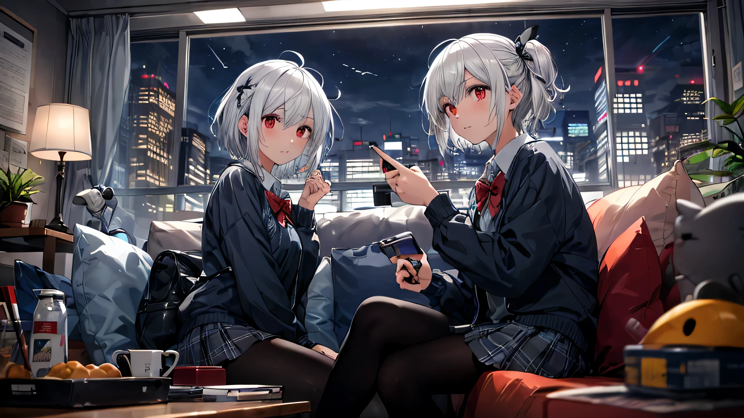 Ultra-high resolution, 8K, (Official Art, beautifully、mysterious:1.2), Anime Art Wallpaper, Works by Makoto Xin Haicheng, Lofi Art Style, Lo-fi feel, Perfect human body composition, Anatomically correct limbs, Structurally correct fingers, Impressive eyes, Oversized hoodie and short skirt, Shiny long black hair, Larger than average bust, Girl listening to music with headphones, Looking out the window, City Room, A room for music lovers, city view from the window, Impressive cityscape, Bright Sky, meteor, Wide angle, Before dusk