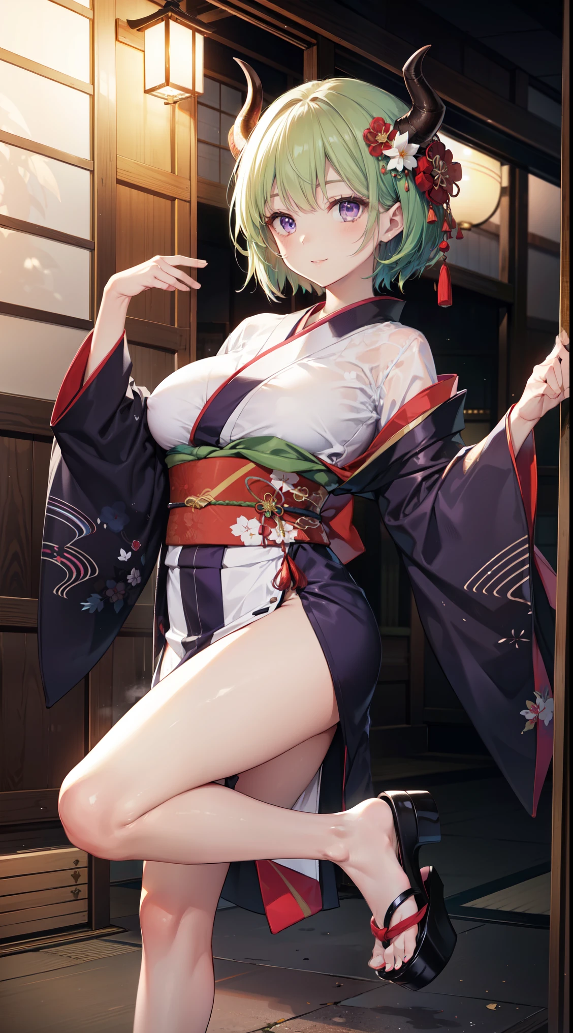 highest quality at best,4k,8k,High resolution,master piece:1.2),super detailed,(actual,Realistic),Bright colors,美しく繊細なpurple eyes,delicate smile,face turns red,red kimono、Japanese pattern kimono、highest quality,kind and beautiful woman,thin neck,delicate and sexy body,charming smile,double eyelid,rosy lips,small nose,short hair、open legs，big breasts，have confidence，grace，fascinating，Feeling excited、big ass、huge breasts、Beautiful leg lines、The gaze is on the viewer、red light district、brothel、two big horns、sensual body、saggy breasts、nipple、green hair、purple eyes、front、forward、elation、sensual look、seductive pose、very big breasts、huge breasts、whole body、front、Gorgeous kimono、Twelve haori、Kimono appearance、Platform clogs、Oiran、