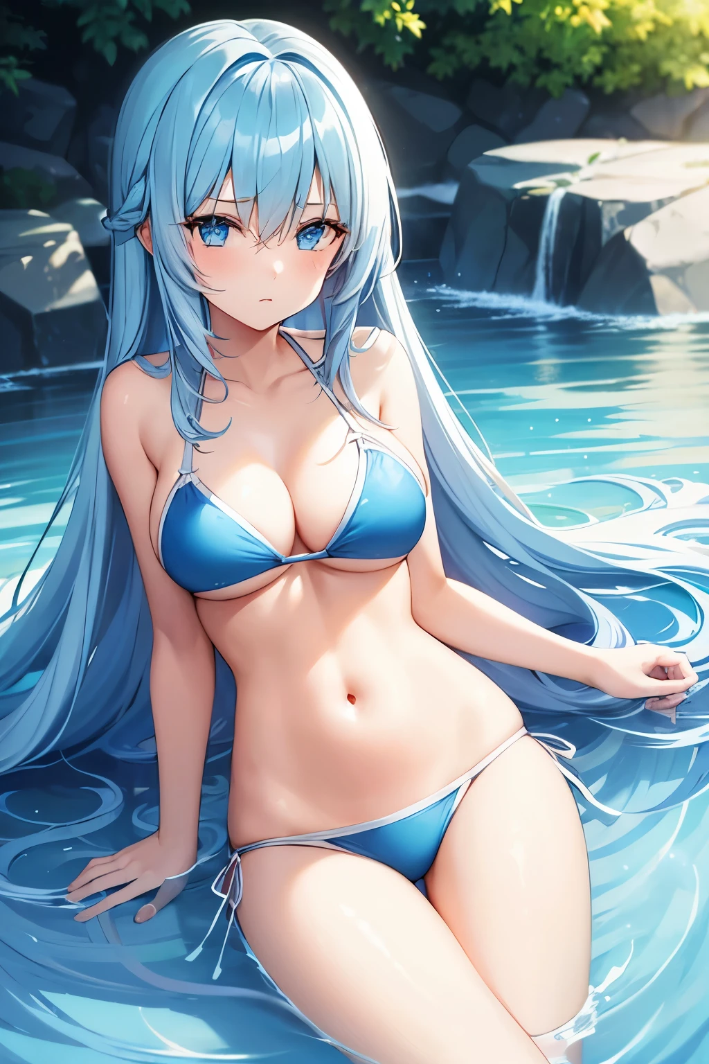 1girl, blue eyes, light blue hair, long hair, bikini, sad, anime,cute