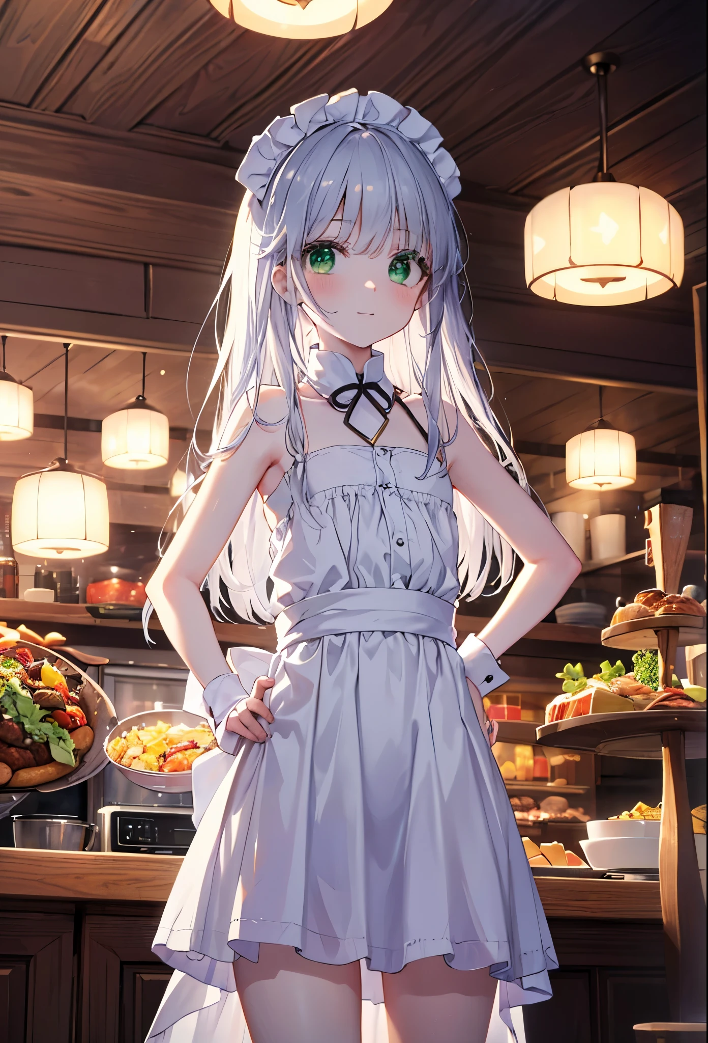 index, index, (green eyes:1.5), silver hair, long hair, (flat chest:1.2),smile,blush,bossy,she was wearing a maid's long skirt, white stockings on her legs,put both hands on hips,stand in honor,bare shoulders,look up from below,There'there is a lot of food on the table, break looking at viewer, Upper body, whole body, break indoors, restaurant,viking, break (masterpiece:1.2), highest quality, High resolution, unity 8k wallpaper, (shape:0.8), (fine and beautiful eyes:1.6), highly detailed face, perfect lighting, Very detailed CG, (perfect hands, perfect anatomy),
