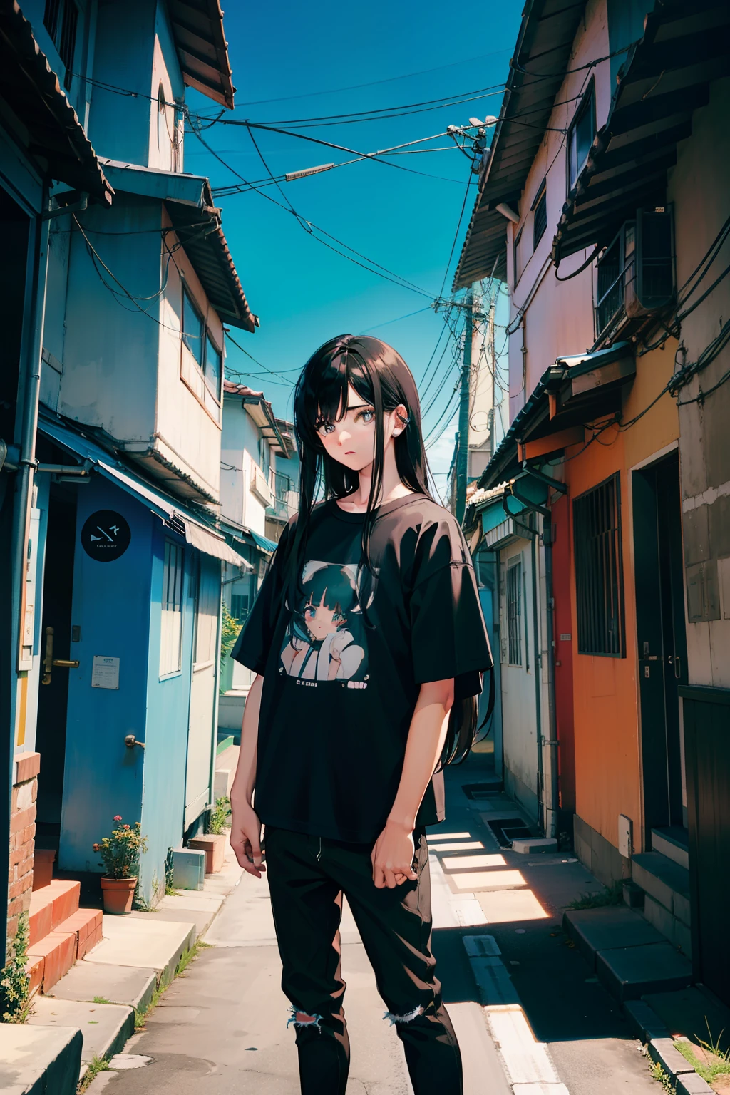 anime anos 80, rapaz gotico 22 anos, cabelo preto, cabelo crespo, cabelo curto, roqueiro, camisa da banda Joy Division, anos 80, anos 90, Boy standing, aesthetic, lofi, garoto rock n roll, pele clara, cabelo crespo preto, 1boy, de fundo cidade grande com neve, standing in street, carros e predios de fundo