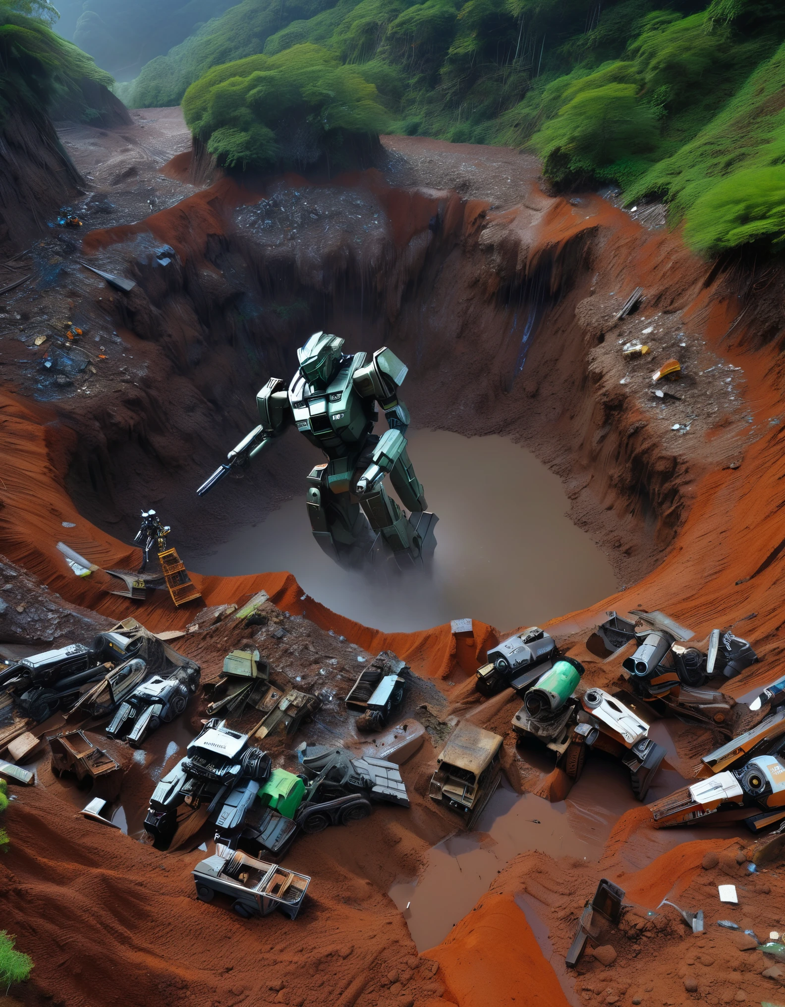 bird&#39;s eye view，Mudslide buried a huge abandoned mecha，lying in a pit，The mecha is covered in rust and running mud.，Broken body，muddy gravel，many people digging，Horrified spectators look into the pit，archaeological pit，abandoned machine, Super Liar Head and Severed Limbs, A super head with a mutilated body, super duper abandoned head, Super Liar Shatter Mecha Garbage Mountain, mechanical垃圾山, post apocalyptic, dystopia, rusty metal, damaged parts, moss, ghostly atmosphere, destroyed city, mechanical, lifeless, desolate, dim lights, background：dark rainy night