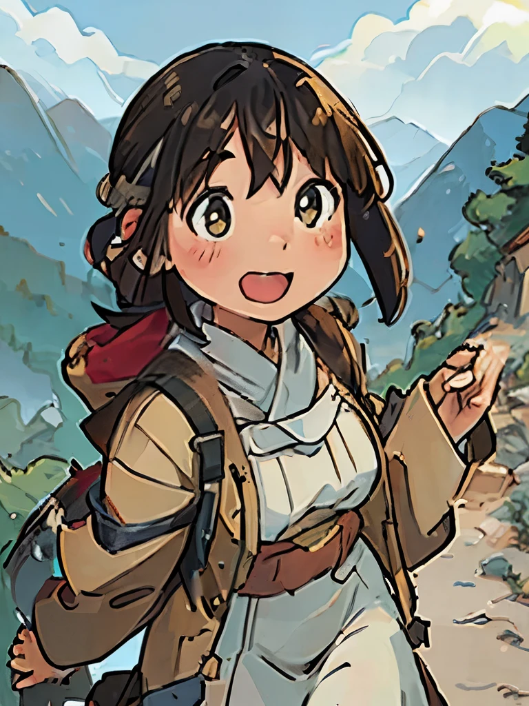 ****ung girl, traditional clothing, walking along a mountain path, excited, on an adventure, detailed