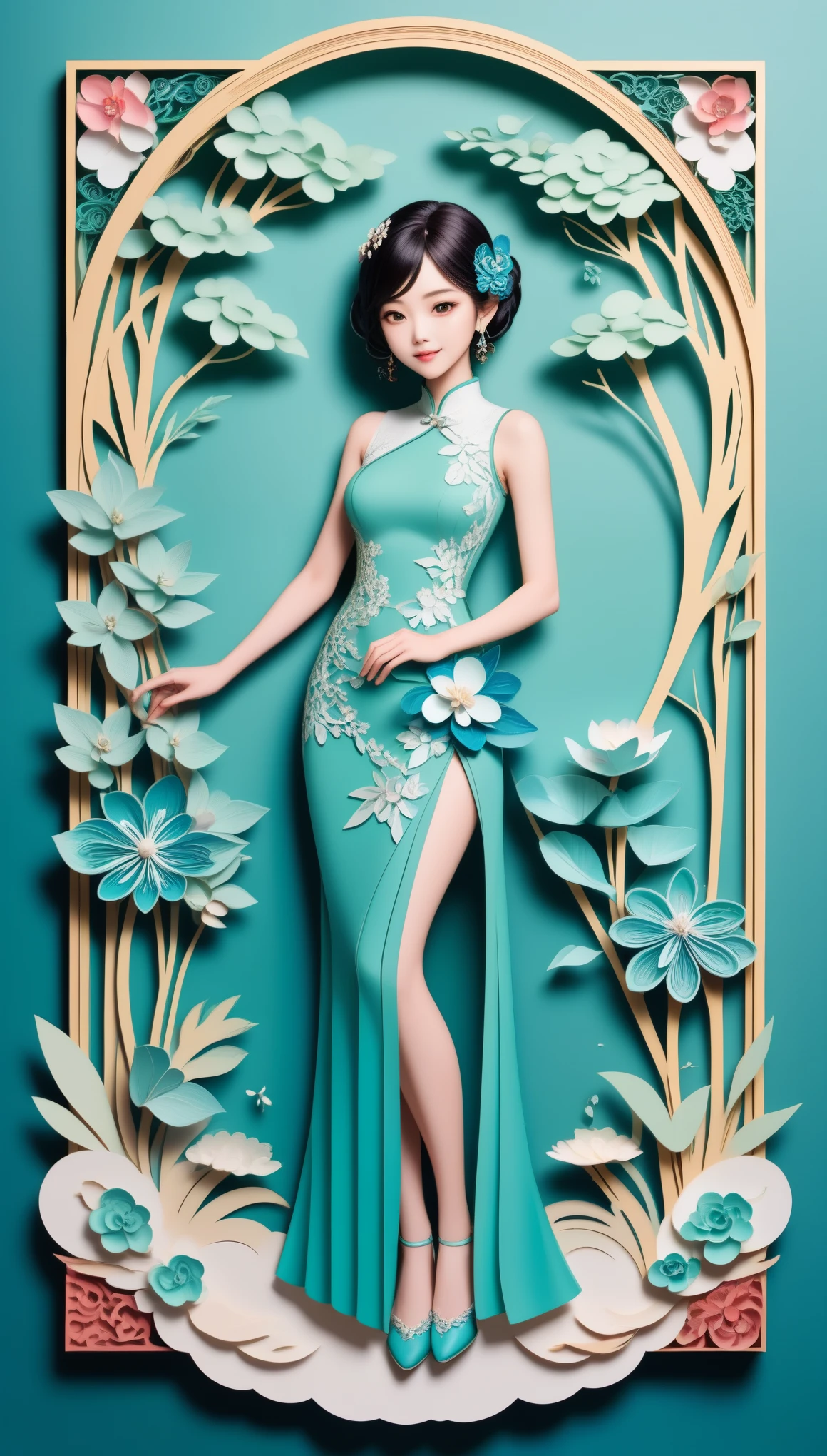 (paper art,layered paper art,paper quilling,paper-cut,paper sculpture), 1 Cheongsam woman，Slender figure，perfectly proportions，Delicate hair accessories, full body, smile，Oriental elements，simple background, mint green,  (Soft Lighting, Bokeh)