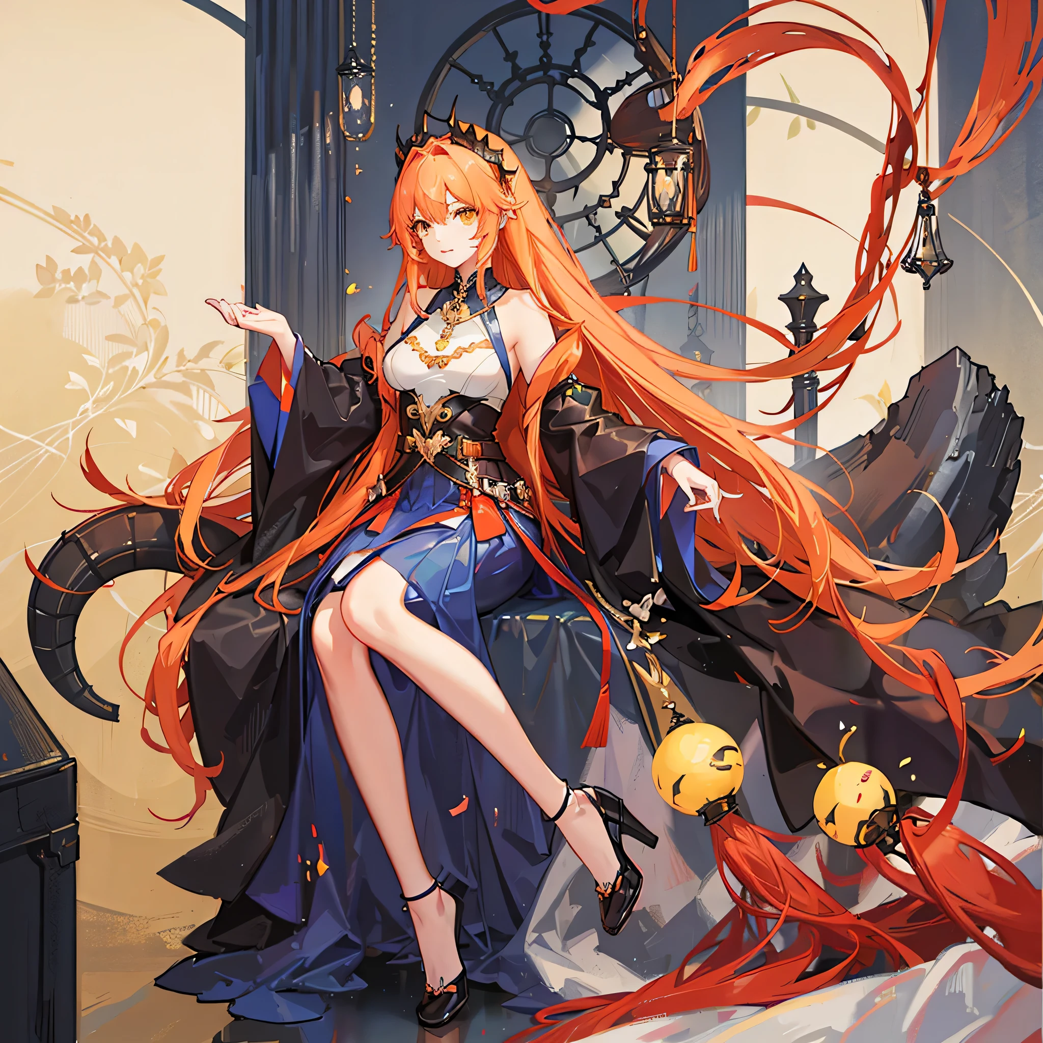 long hairstyle、straight。hair color is orange。Clothes are orange。clear。modest chest。slightly longer skirt。Moe sleeves。beautiful girl。