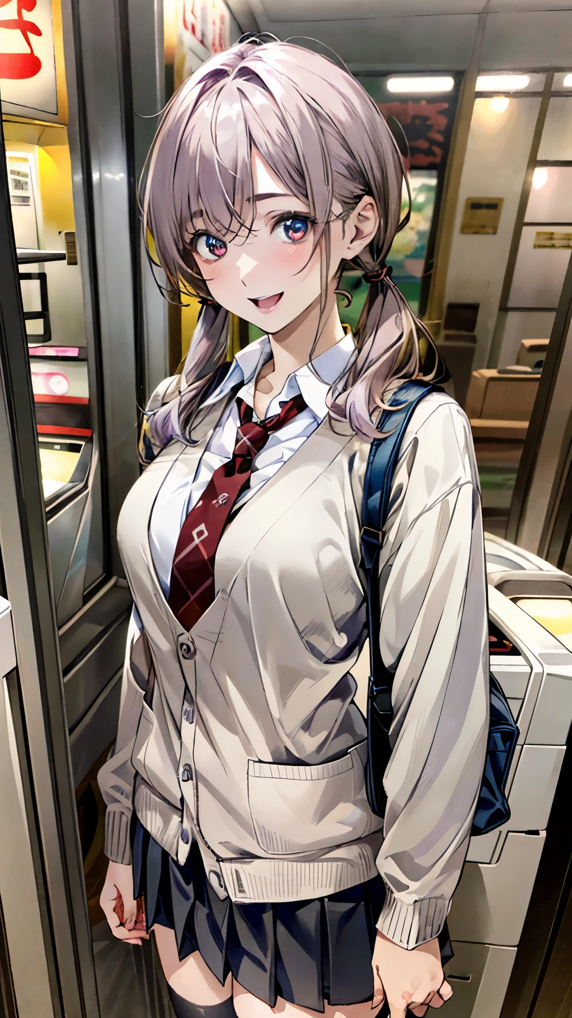 (masterpiece:1.2, top-quality, ultra high res, ultra detailed), (realistic, photorealistic:1.4), beautiful illustration, (natural side lighting, movie lighting), 
looking at viewer, full body, 1 girl, japanese, high school girl, perfect face, (perfect anatomy), cute and symmetrical face, baby face, shiny skin, slender, 
(long hair:1.5, low twintails:1.5, light purple hair), swept bangs, gold eyes, drooping eyes, big eyes, long eye lasher, (medium breasts), 
beautiful hair, beautiful face, beautiful detailed eyes, beautiful clavicle, beautiful body, beautiful chest, beautiful thigh, beautiful legs, beautiful fingers, 
((detailed cloth texture, long sleeves light brown cardigan:1.4, light grey pleated skirt, white collared shirt), dark red tie, white thigh-high), navy school bag, 
(beautiful scenery), day time, vending arcade concept, japanese arcade machine, gaming arcade, monitor, standing, (happy smile, open mouth), 