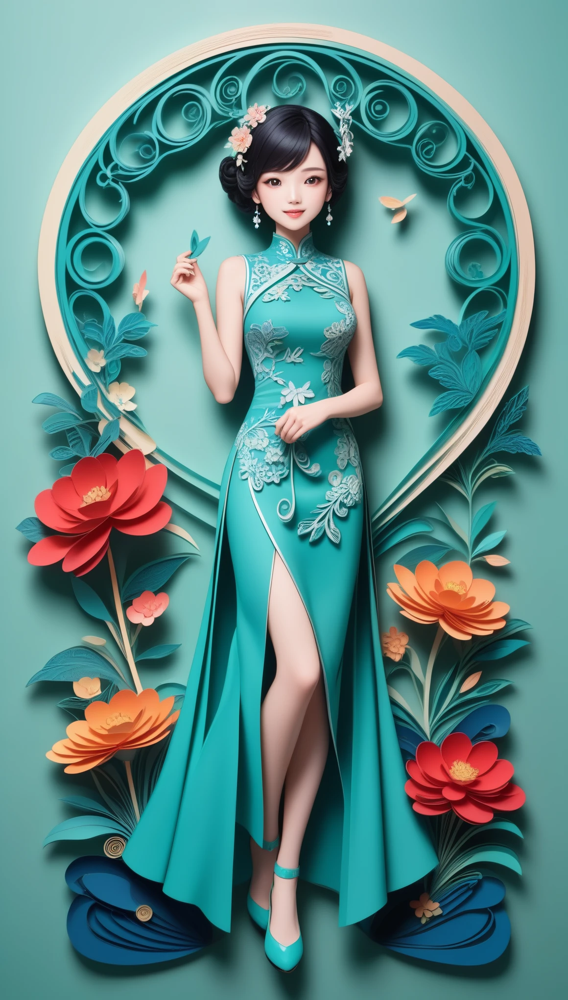 (paper art,layered paper art,paper quilling,paper-cut,paper sculpture), 1 Cheongsam woman,Slender figure,perfectly proportions,Delicate hair accessories, full body, smile,Oriental elements,simple background, mint green, (Soft Lighting, Bokeh)