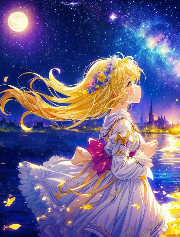 ((Supergiant pale yellow moon))((A girl who looks up at her profile and is subjectively depicted))、((Crying girl))、Profile Girls、On a multicolored background、River painting with stars and moon in rainbow sky、Shining skyscrapers、Shine across the board、Concept art inspired by Mitsuoki Tosa、pixiv contest winners、top-quality、Fantasyart、beautiful anime scene、Bright moon、Moonlit star environment、Dream painting、Anime Background Art、Fantasy landscape art、fantasy knight、anime backgrounds、background artwork、Fantastic art、atmospheric anime、starrysky、Detail has been enhanced。