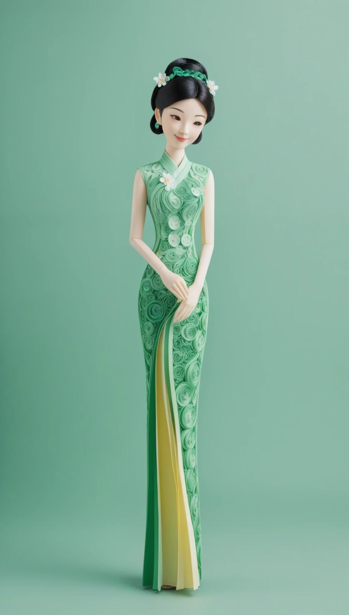 (paper art,layered paper art,paper quilling,paper-cut,paper sculpture), 1 Cheongsam woman,Slender figure,perfectly proportions,Delicate hair accessories, full body, smile,Oriental elements,simple background, mint green, (Soft Lighting, Bokeh)