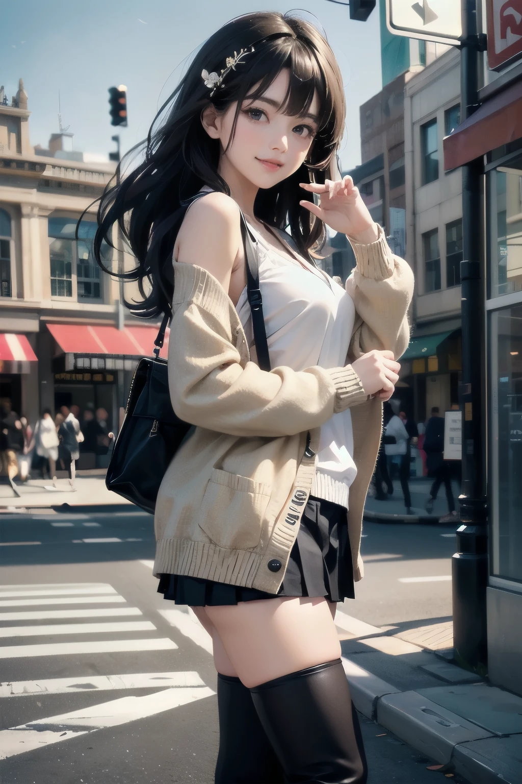 very cute and beautiful girl,,(highly detailed beautiful face),(white blouse),
(smile:1.2),cowboy shot,looking at viewer,
(beige cardigan:1.2) BREAK zettai ryouiki,brown shoulder bag,(brown boots),
dynamic pose,hair ornament,black hair,(pleated black mini skirt:1.2),
standing in front of cake shop show window,downtown street,crowd,people,
(best quality,masterpiece:1.2),absurdres,highres,ultra-detailed,extremely detailed,32k,8k resolution,
intricate details,cinematic scene,detailed background,solo,dynamic angle,
natural lighting,hair fluttering in the wind,beautiful detailed sky,