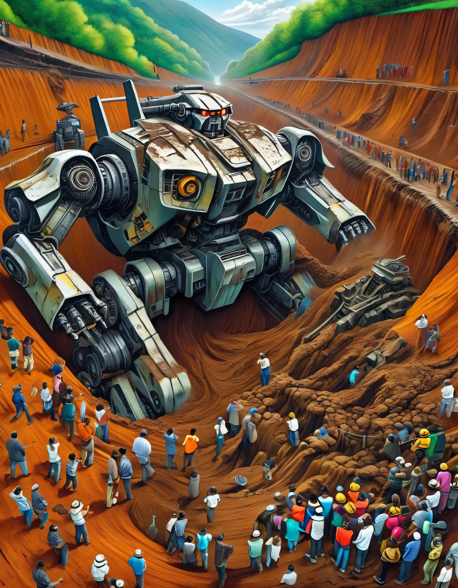 3D rendering of A huge waste mecha is being dragged out by many people from a huge super deep pit, covered with rust and mud, broken body, super many viewers, shocked expression, mud, debris flow, broken, abandoned, background: archaeological deep mud pit,,Dripping Paint,Matte Painting,Science Fiction,Fever-Dream,Impossible,Postcyberpunk,Ice Age, The picture is from Peter Jackson's work, The picture is from Wong Kar-wai's work, The picture is from Emmanuel Lubezki's work,by Bruno Barbey,by Anne Brigman,by Edward S. Curtis,Intense Atmosphere, high detail,hyper quality,high resolution,surrealism,HD,16K,depth of field (dof),A bird's-eye view,aerial view,mood lighting,