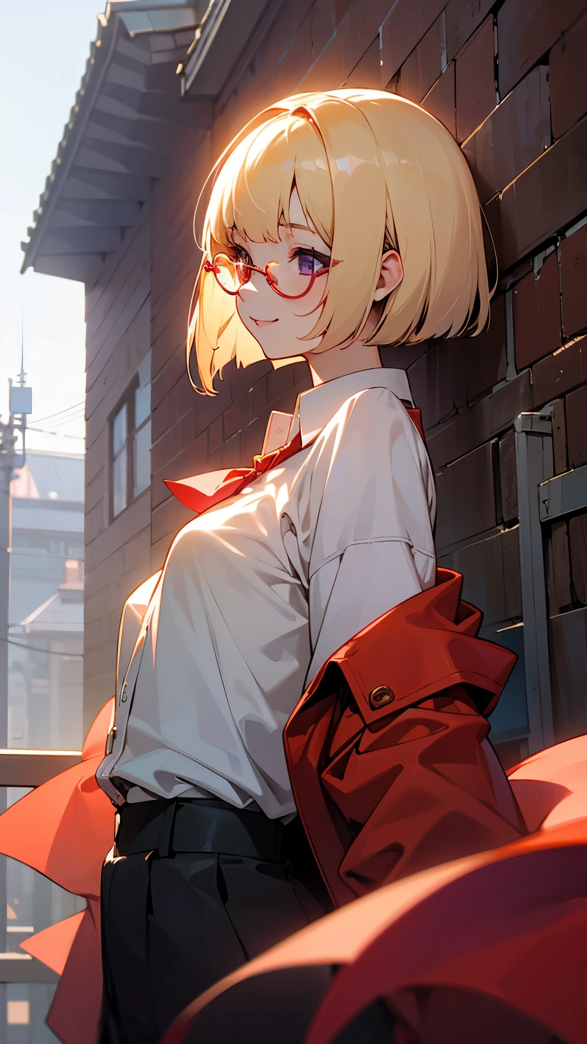 1 girl、solo、Upper body、From the side、mature woman、Sharp and clear images、natural proportions、slender、small breasts、smile、white skin、(blonde)、bob cut、purple eyes、Akagi glasses、Wearing a red rider&#39;s jacket、(long sleeve blouse)、ruffle blouse、Formal style、Urban building background、roof of the building