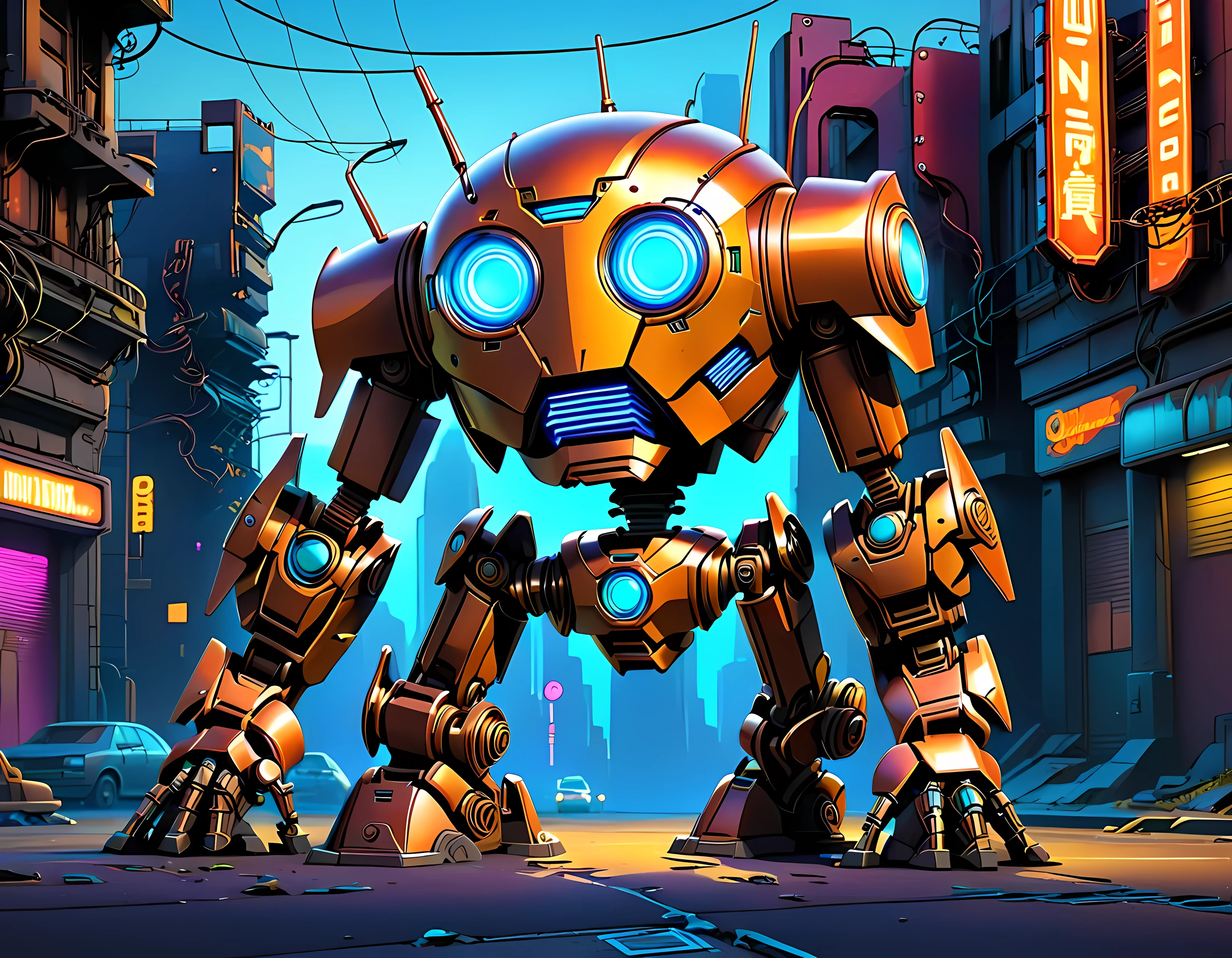 Vector Cartoon Illustration, the abandoned mechanoid with a weathered and rusted metallic body, its intricate design blends art deco influences with advanced technology, glowing neon accents, geometric patterns, oversized gauntlets, and delicate vine-like details, a silent guardian amidst a neon-lit cityscape, masterpiece in maximum 16K resolution, superb quality. | ((More_Detail))