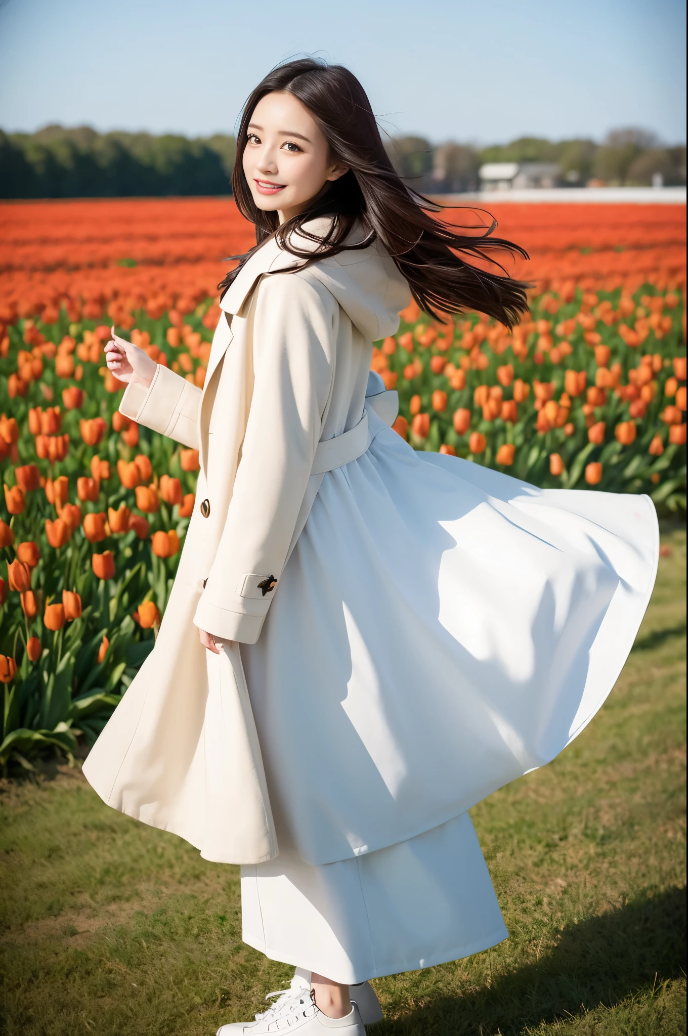 Neat and clean sister、coat、tulip field、hair blowing in the wind、long skirt、blur the background
